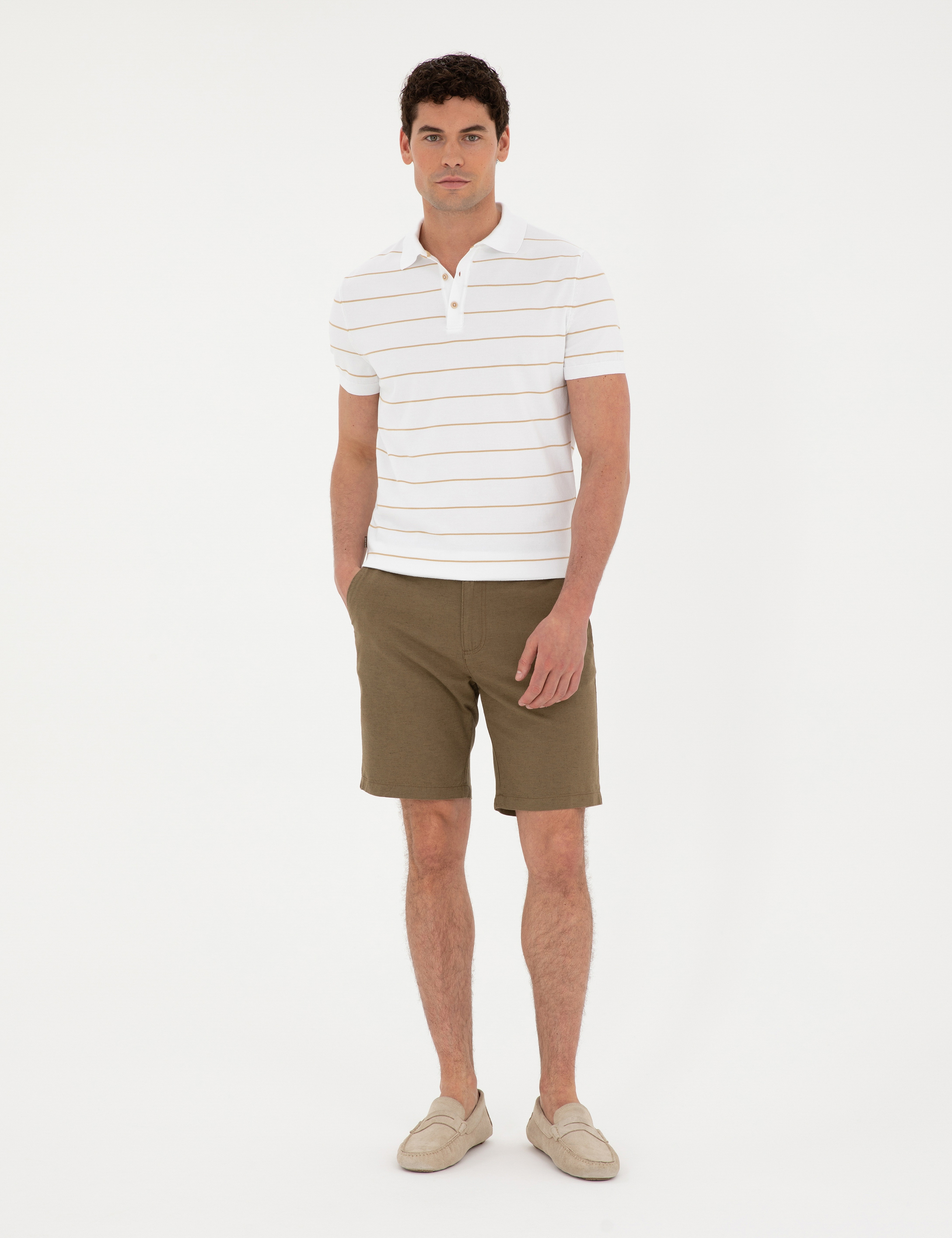 Haki Slim Fit Keten Karışımlı Dokuma Şort - Image 3