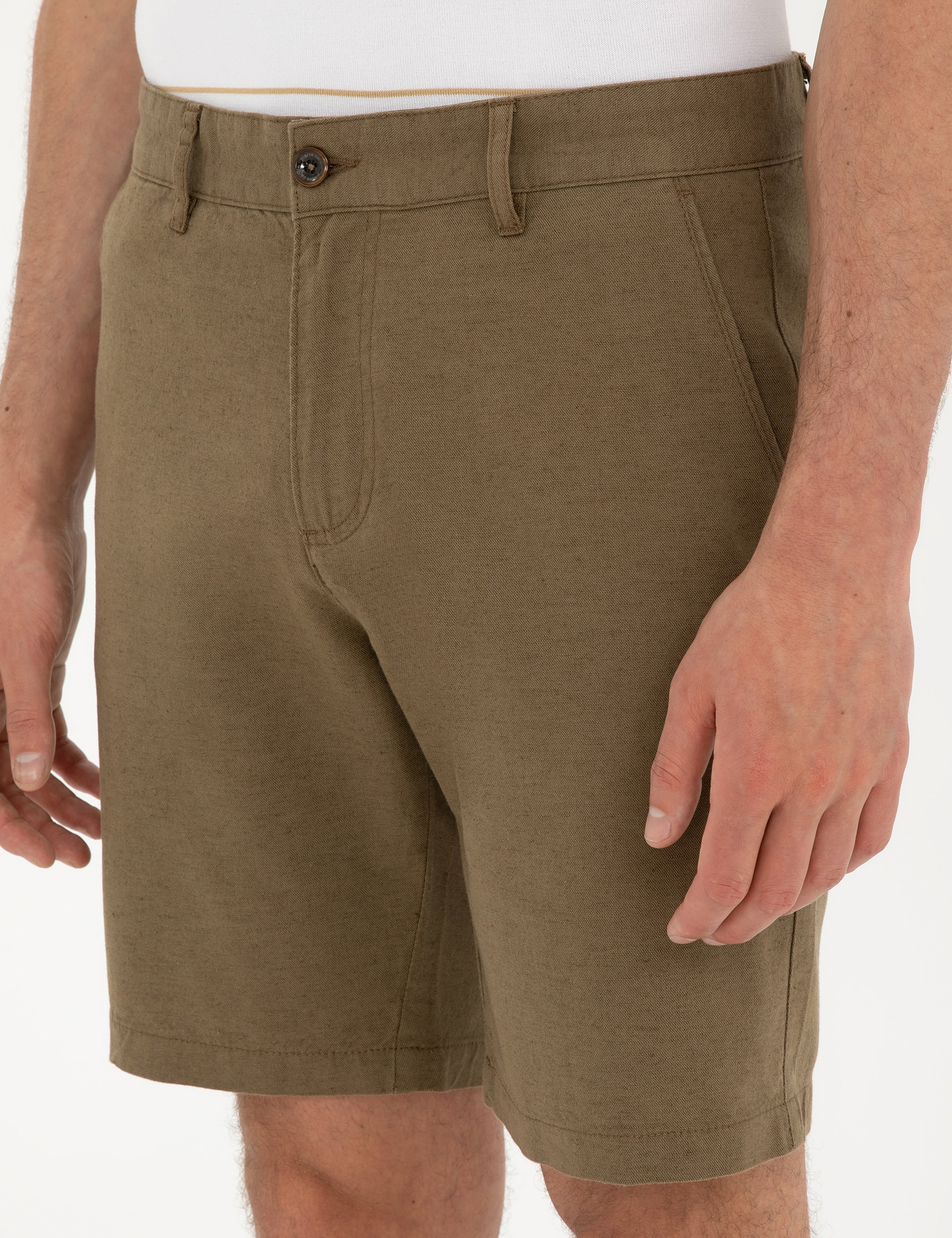 Haki Slim Fit Keten Karışımlı Dokuma Şort - Image 5