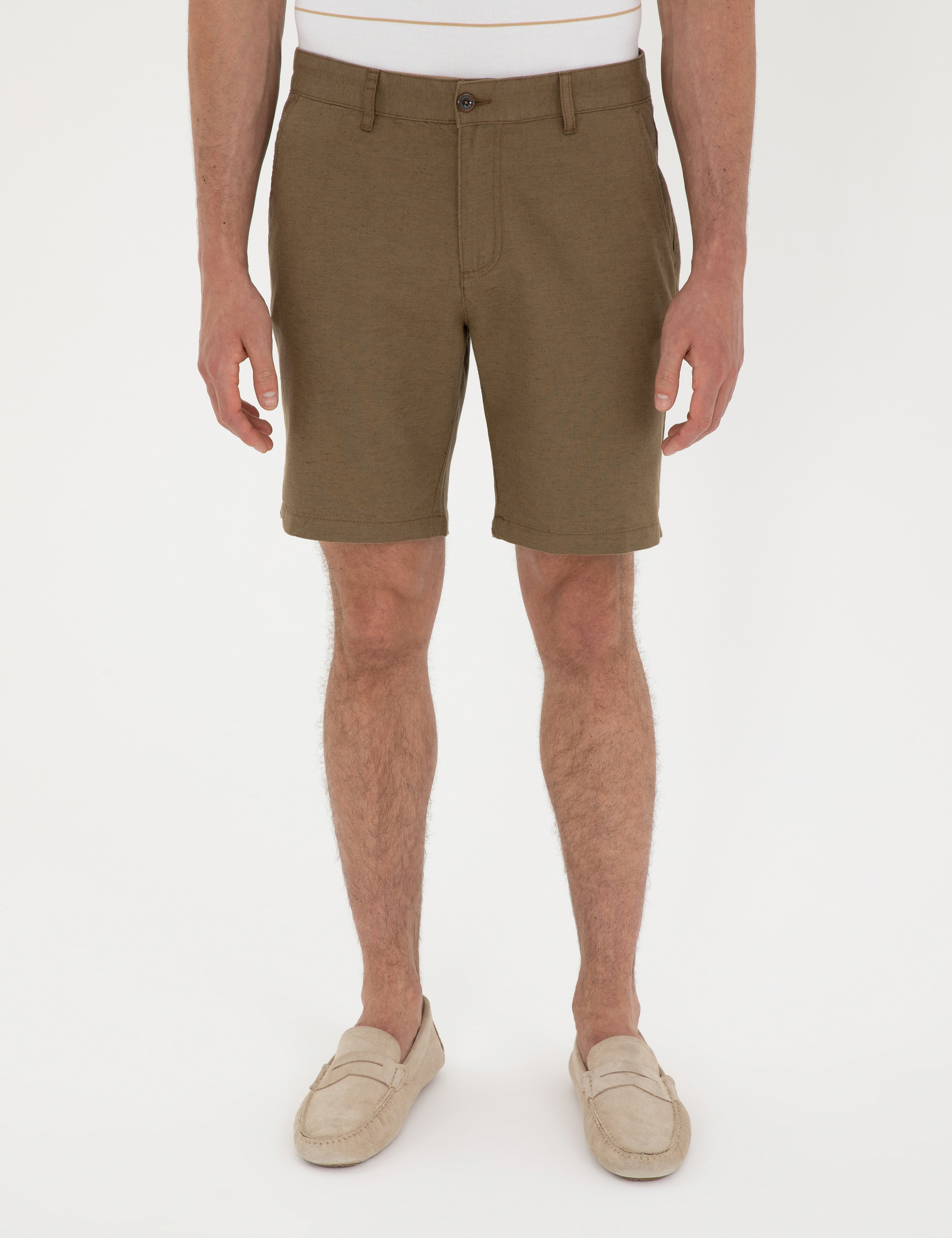 Haki Slim Fit Keten Karışımlı Dokuma Şort - Image 2