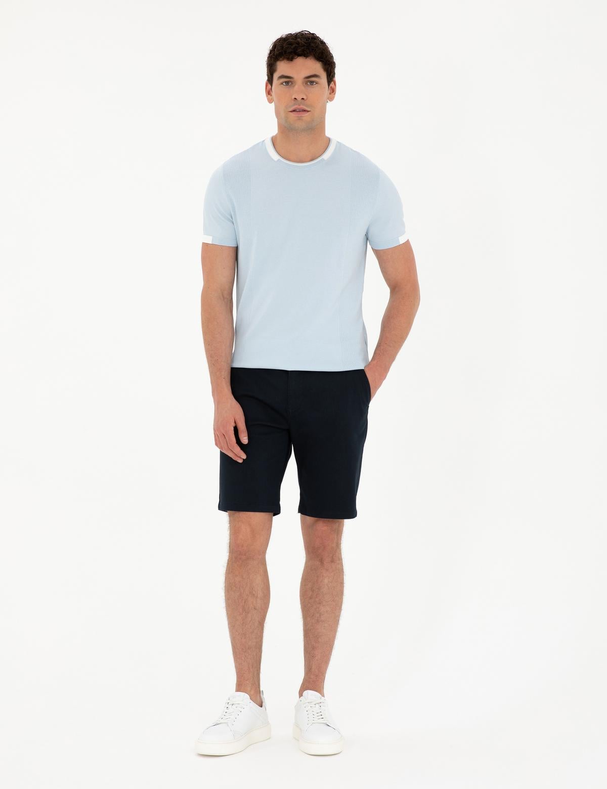 Lacivert Slim Fit Dokuma Şort