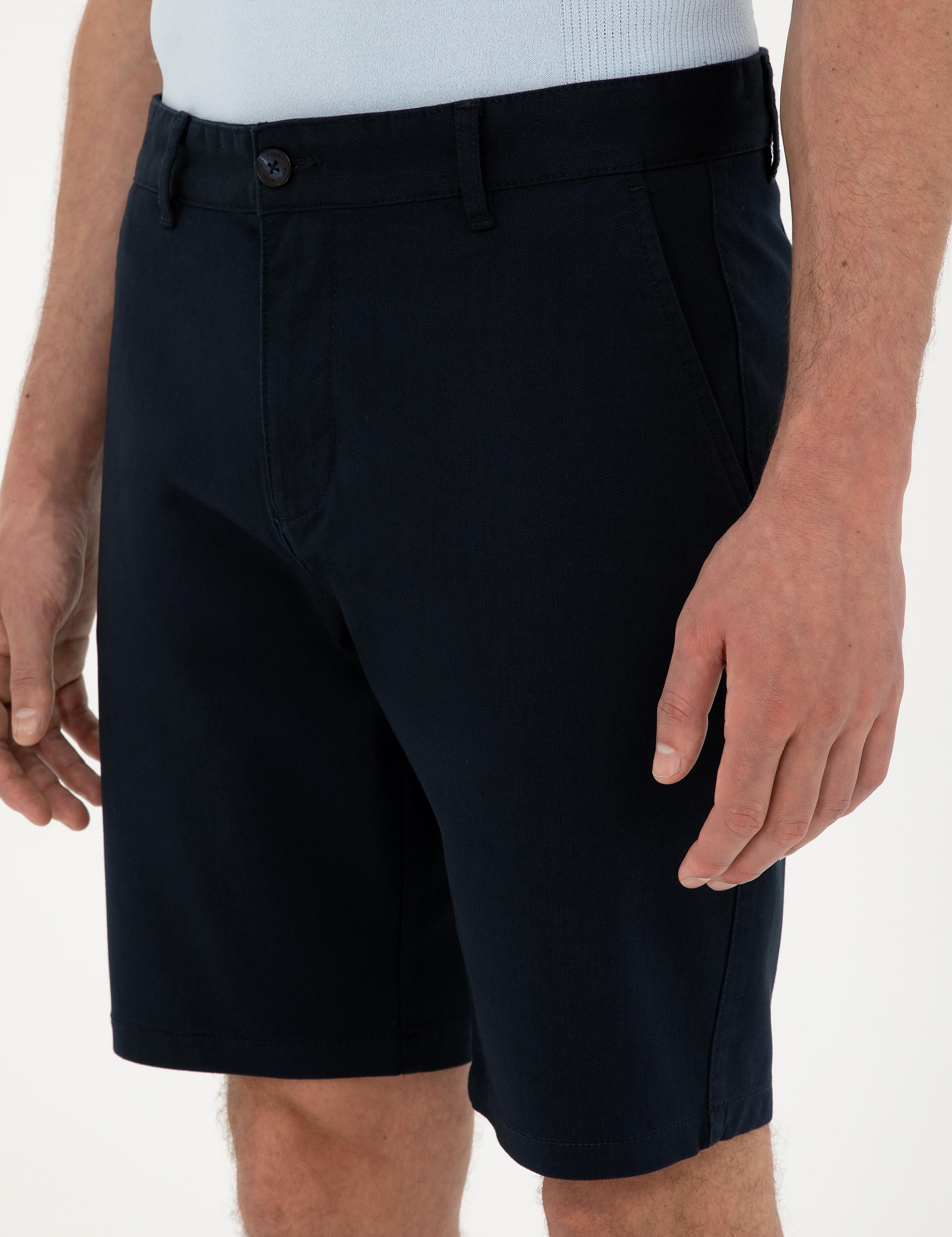 Lacivert Slim Fit Dokuma Şort