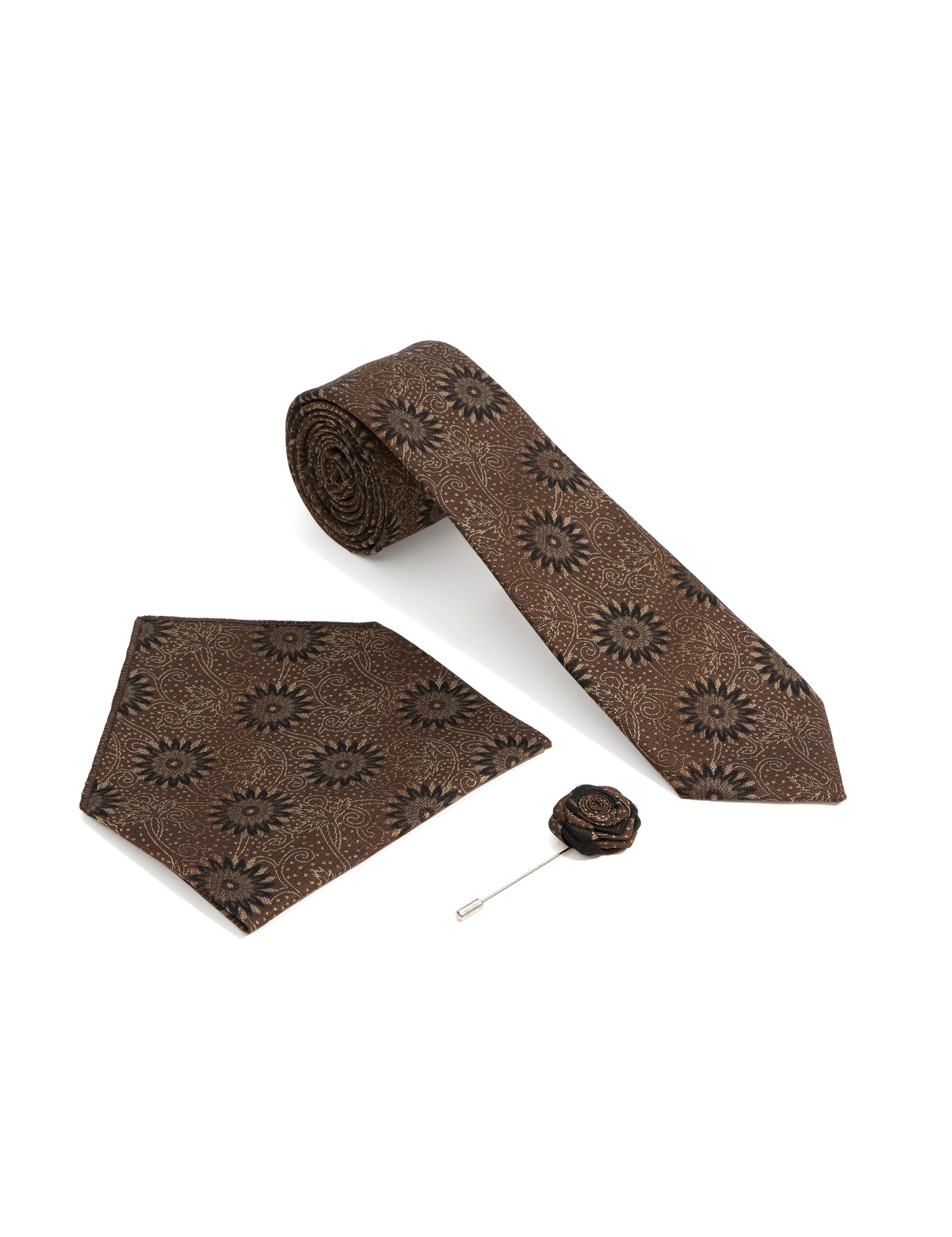 Kahverengi 3'lü Kravat-Mendil-Kravat İğnesi Set