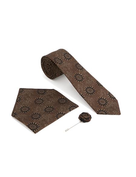 Kahverengi 3'lü Kravat-Mendil-Kravat İğnesi Set - 50295393001