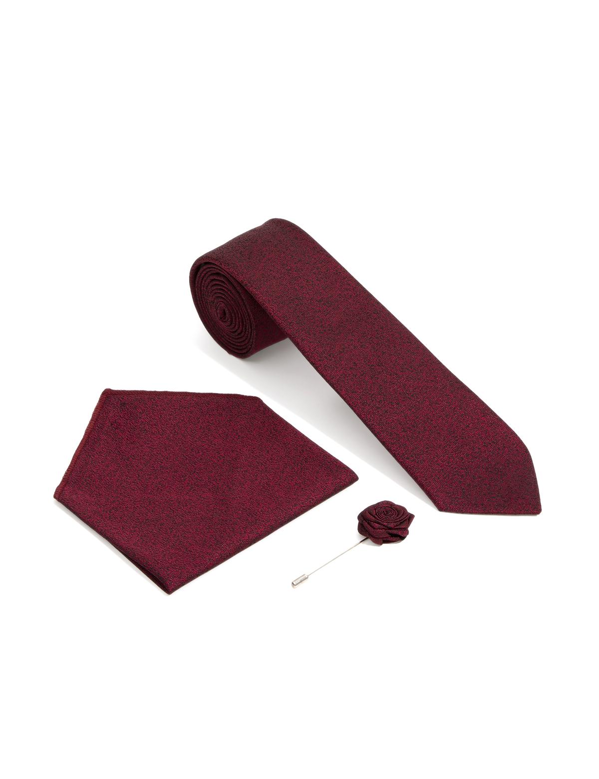 Bordo 3'lü Kravat-Mendil-Kravat İğnesi Set
