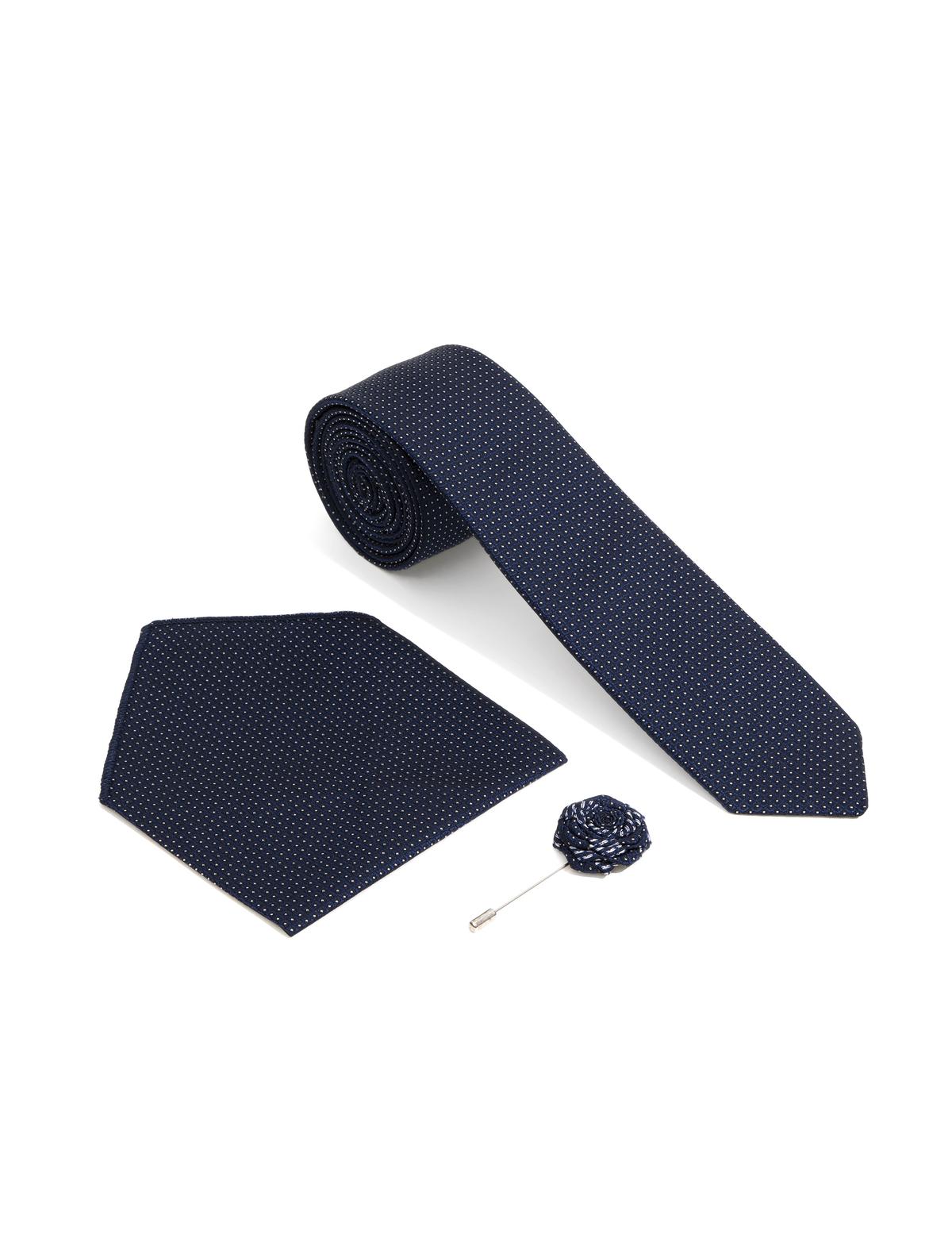 Lacivert 3'lü Kravat-Mendil-Kravat İğnesi Set