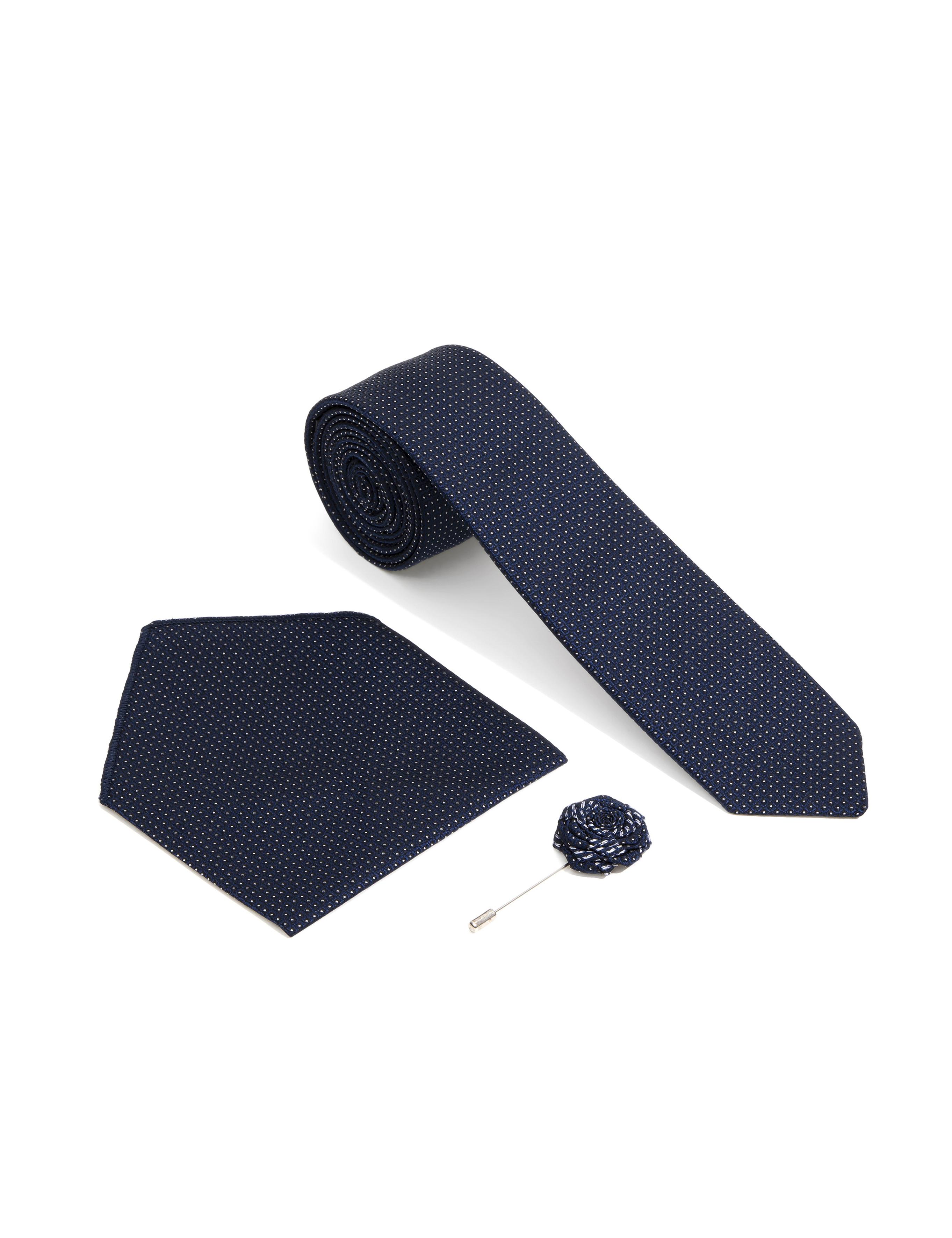 Lacivert 3'lü Kravat-Mendil-Kravat İğnesi Set