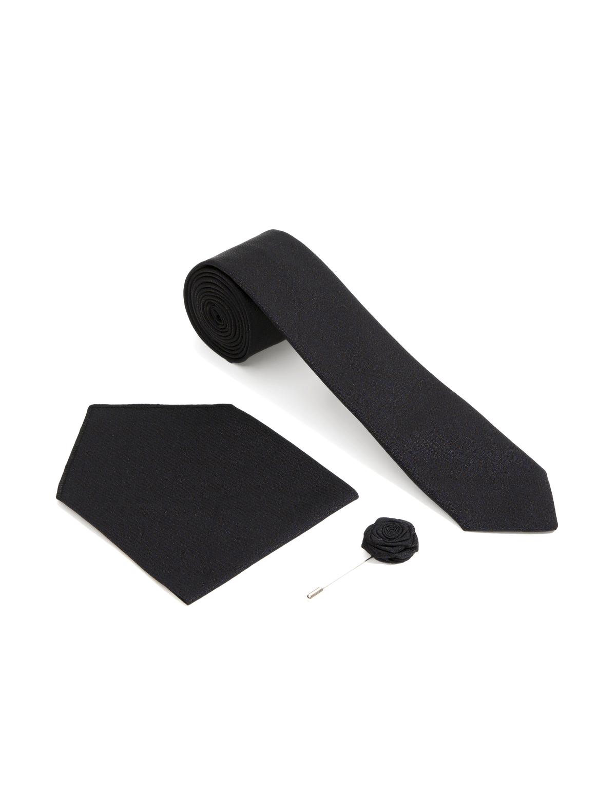 Siyah 3'lü Kravat-Mendil-Kravat İğnesi Set