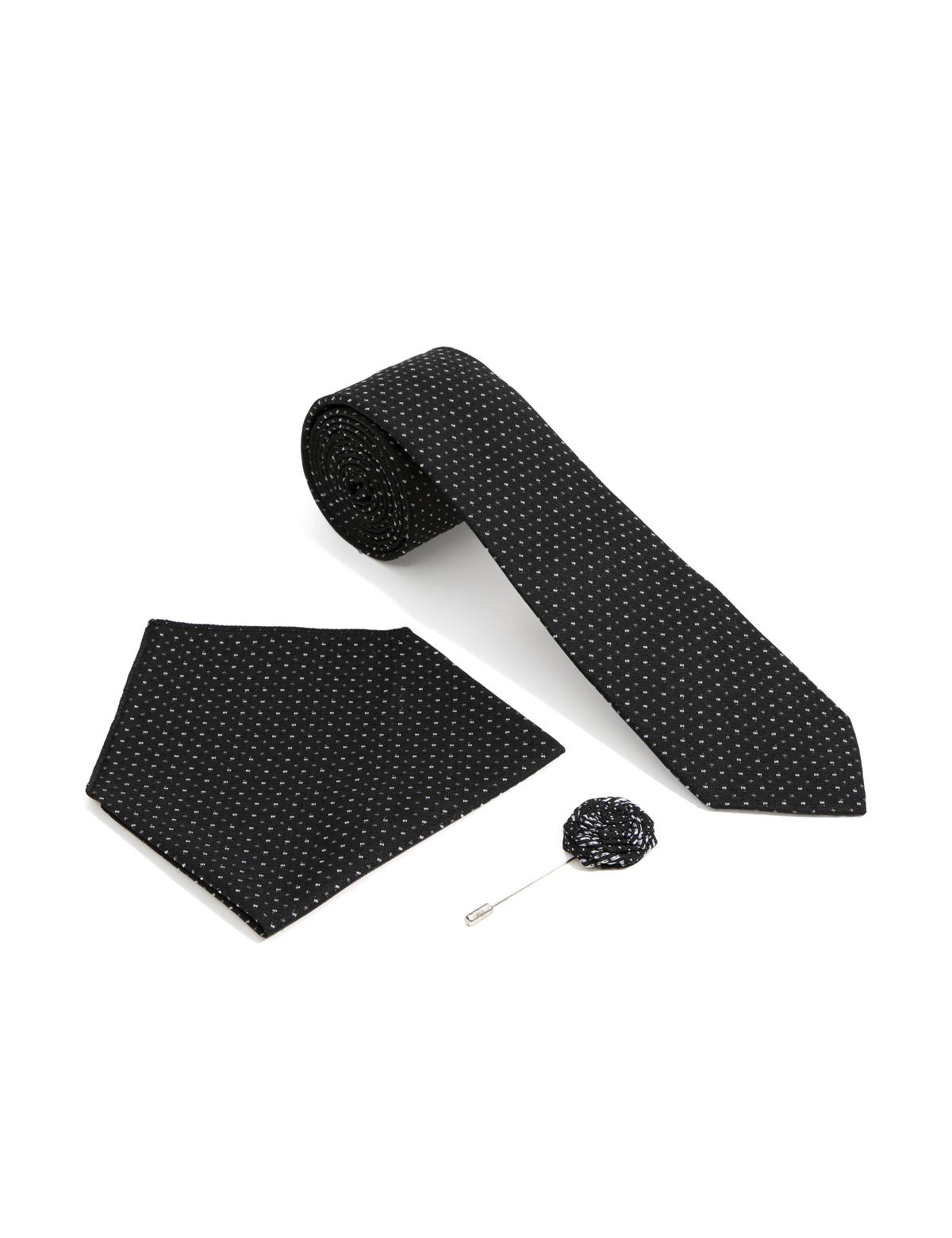 Siyah 3'lü Kravat-Mendil-Kravat İğnesi Set