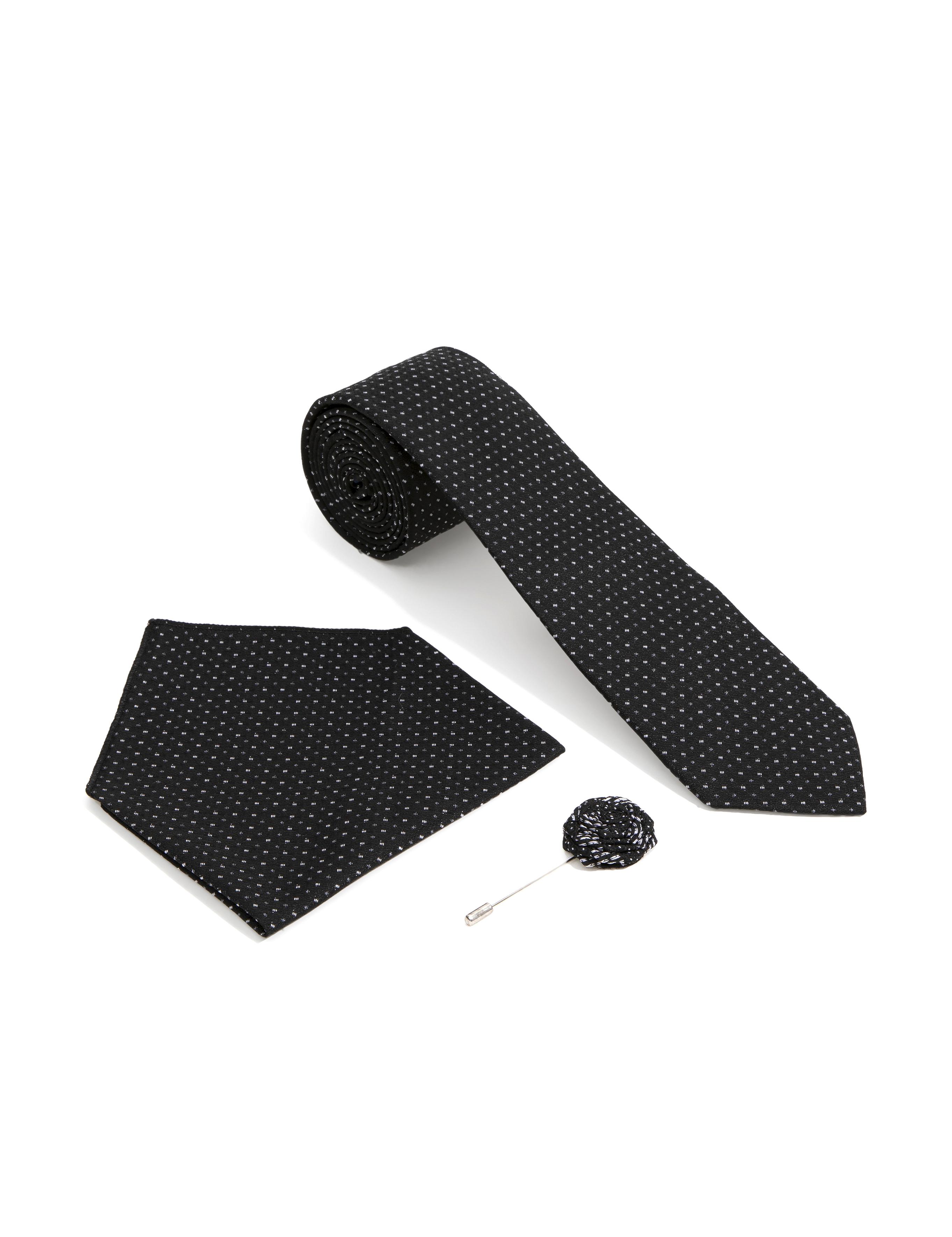 Siyah 3'lü Kravat-Mendil-Kravat İğnesi Set