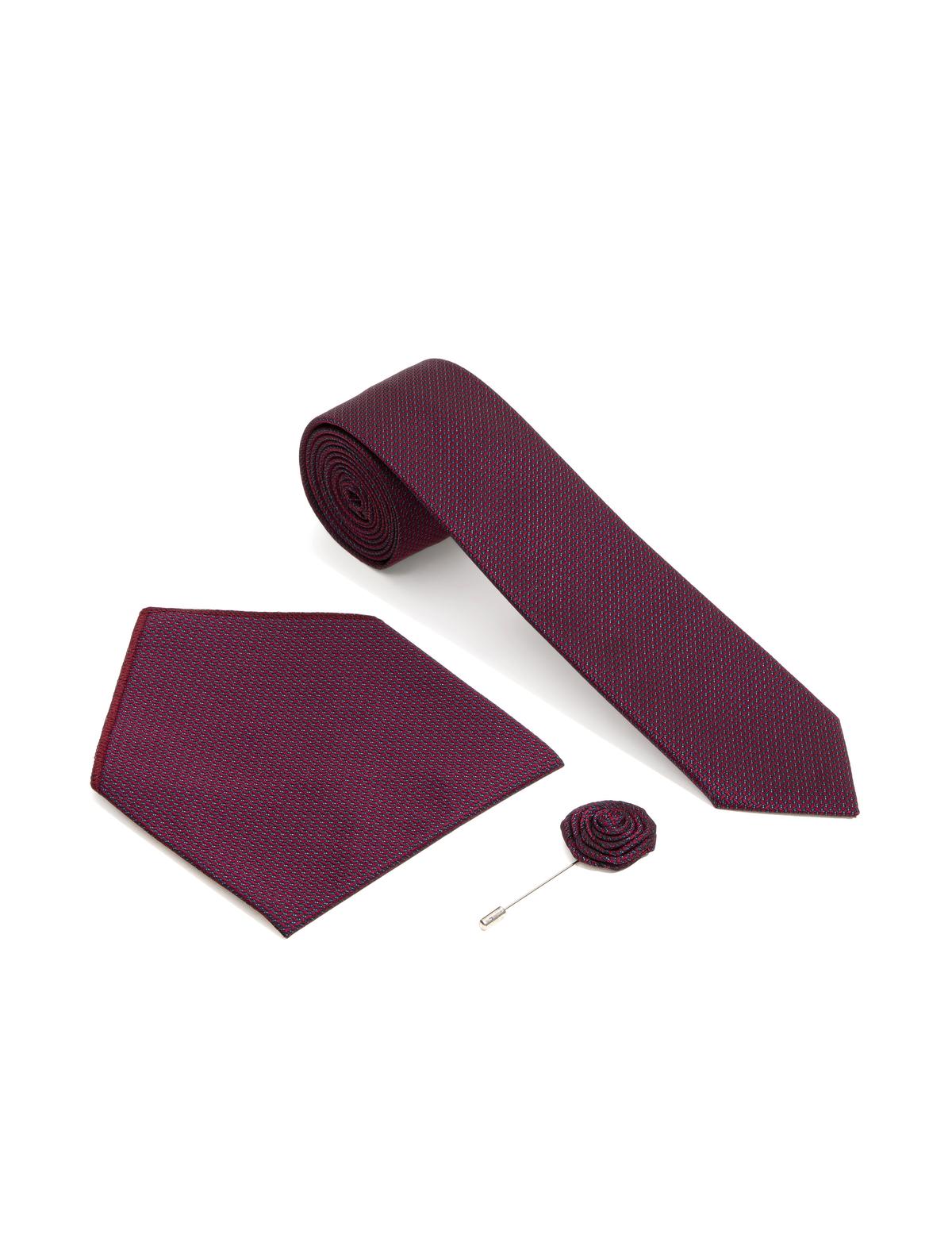 Bordo 3'lü Kravat-Mendil-Kravat İğnesi Set