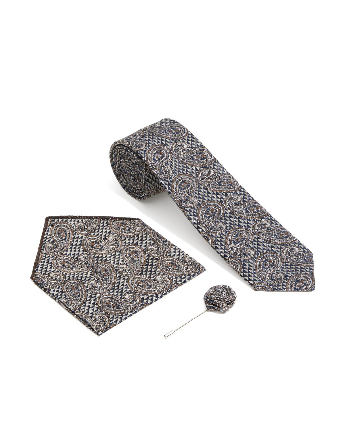 Kahverengi 3'lü Kravat-Mendil-Kravat İğnesi Set