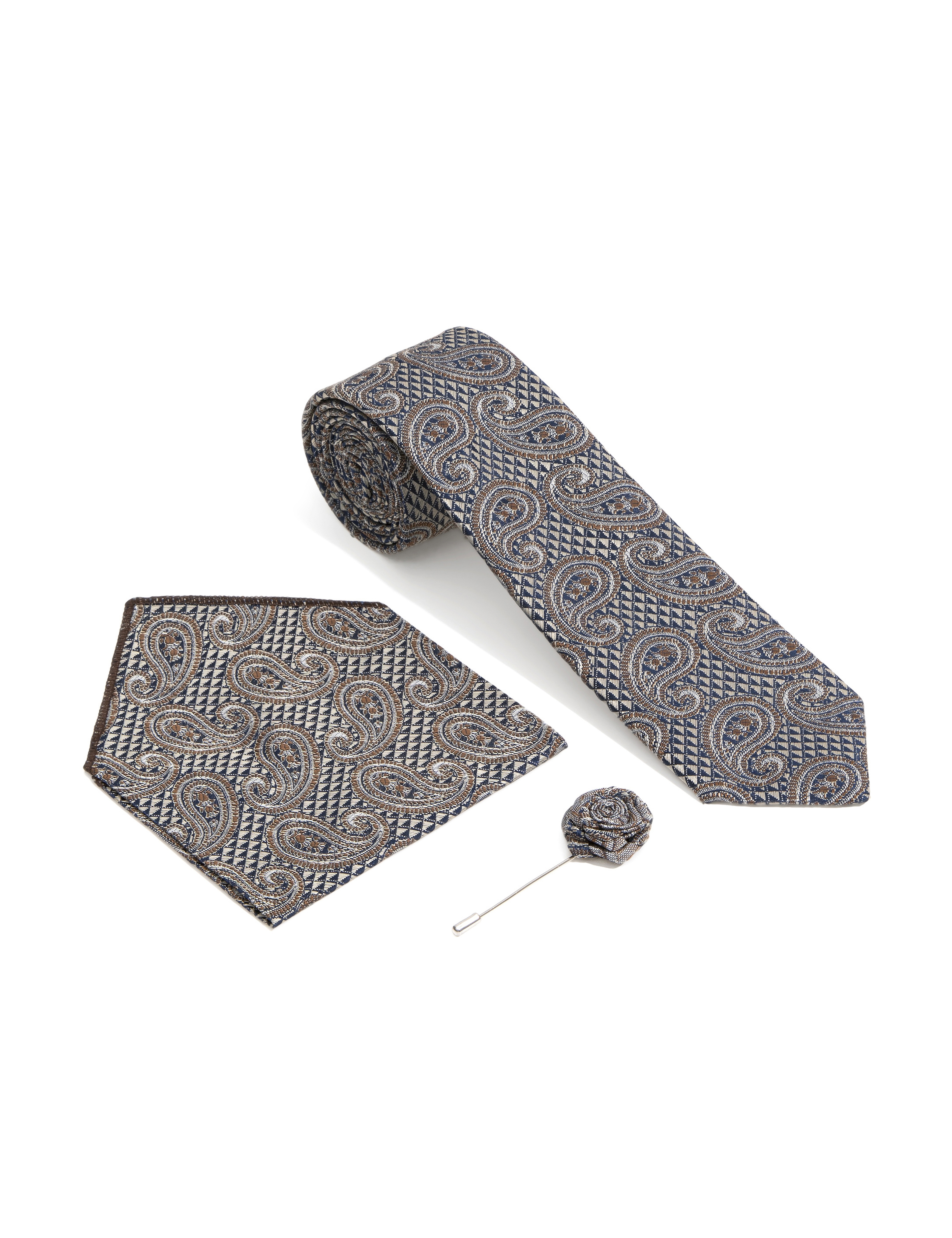 Kahverengi 3'lü Kravat-Mendil-Kravat İğnesi Set - Image 1