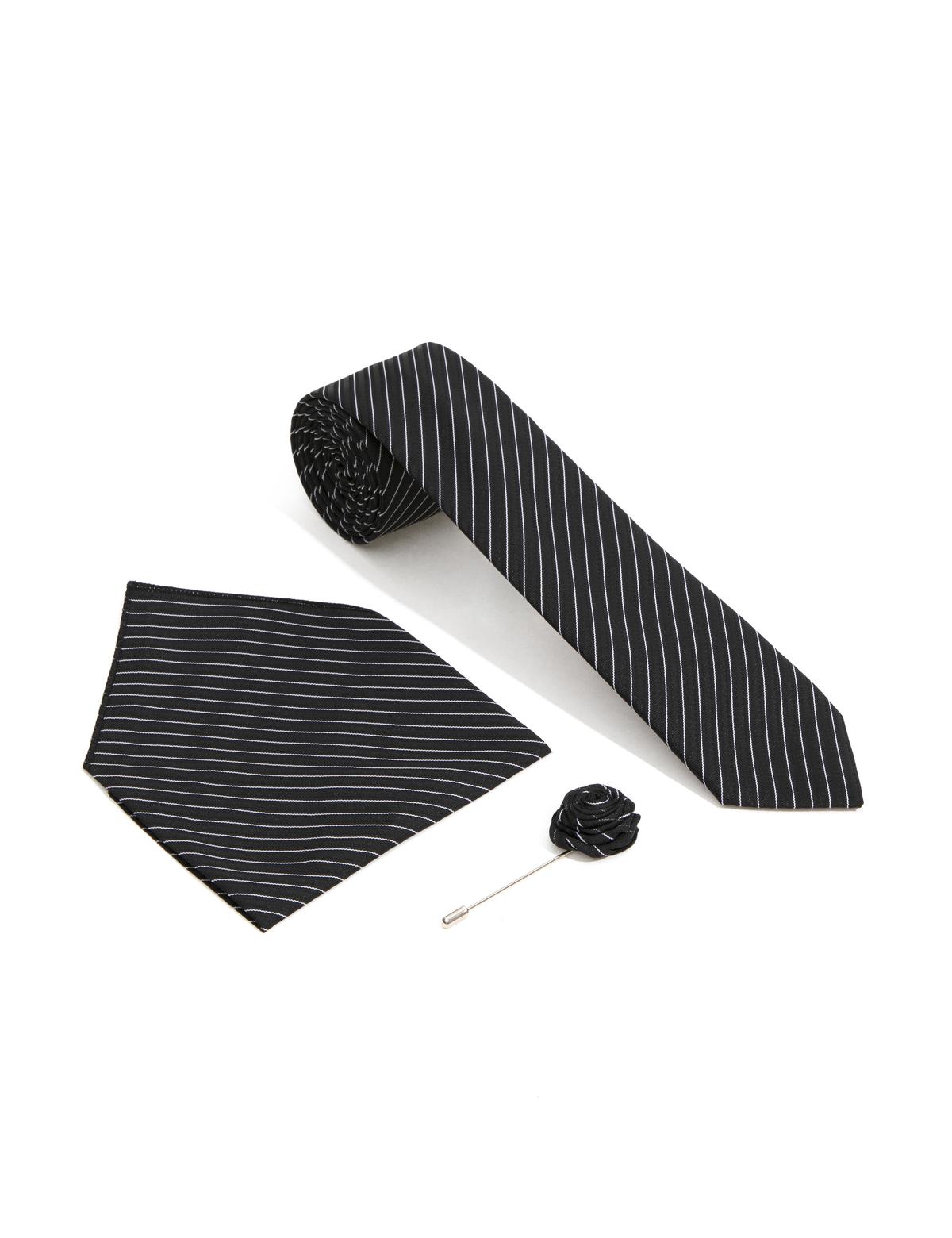 Siyah 3'lü Kravat-Mendil-Kravat İğnesi Set