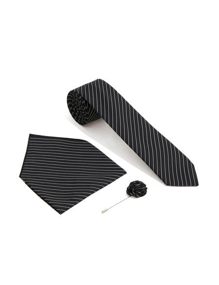 Siyah 3'lü Kravat-Mendil-Kravat İğnesi Set - 50295475001