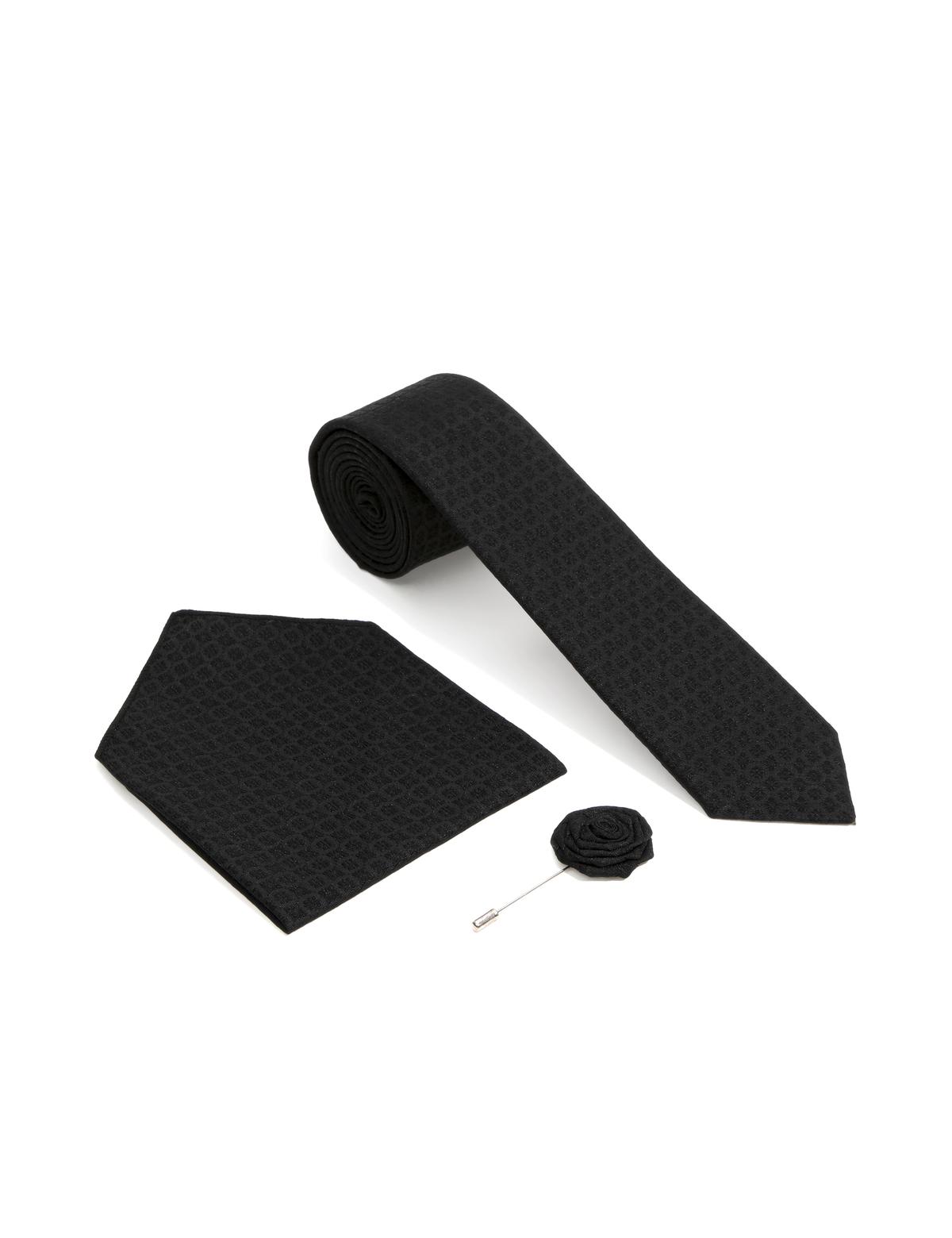 Siyah 3'lü Kravat-Mendil-Kravat İğnesi Set