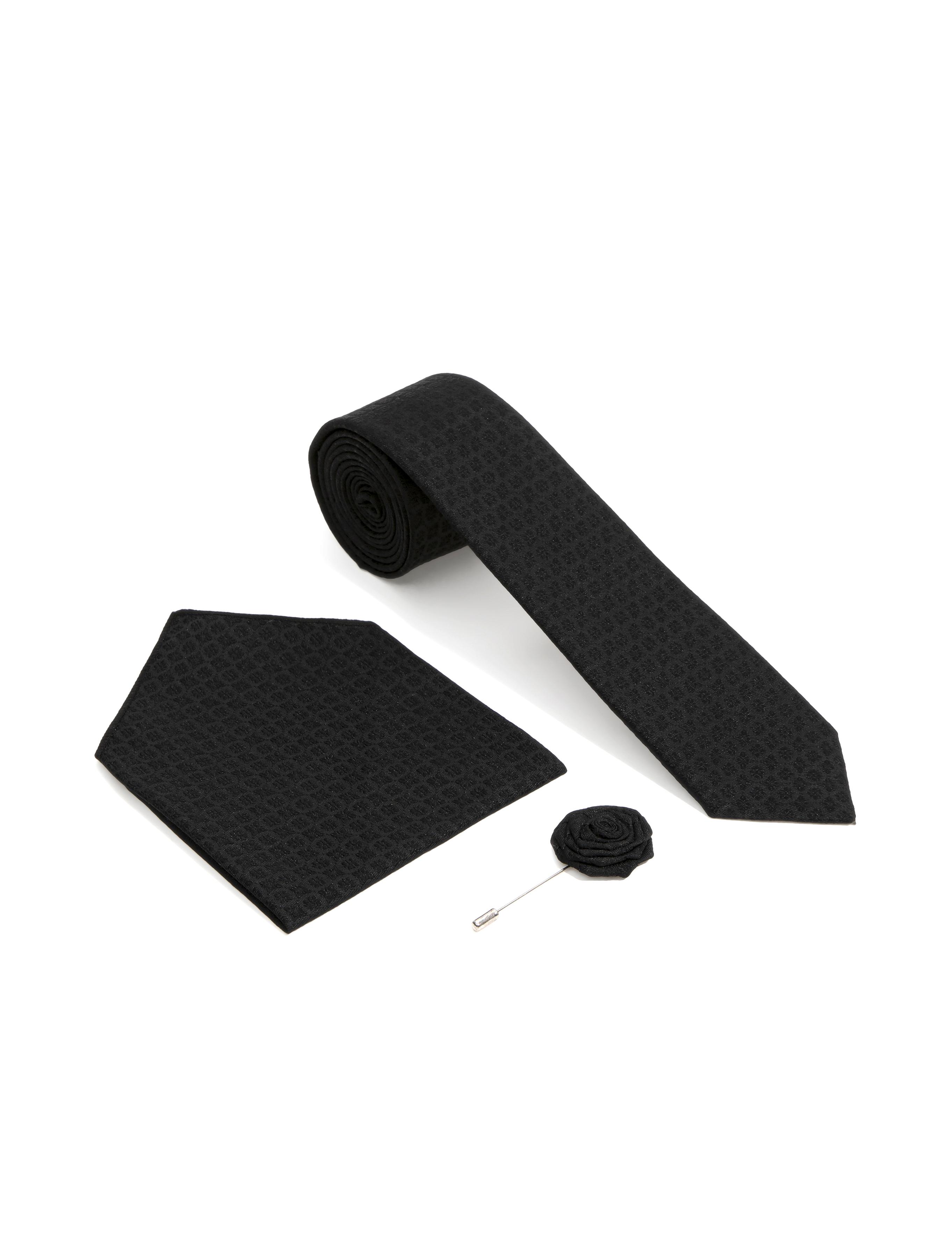 Siyah 3'lü Kravat-Mendil-Kravat İğnesi Set