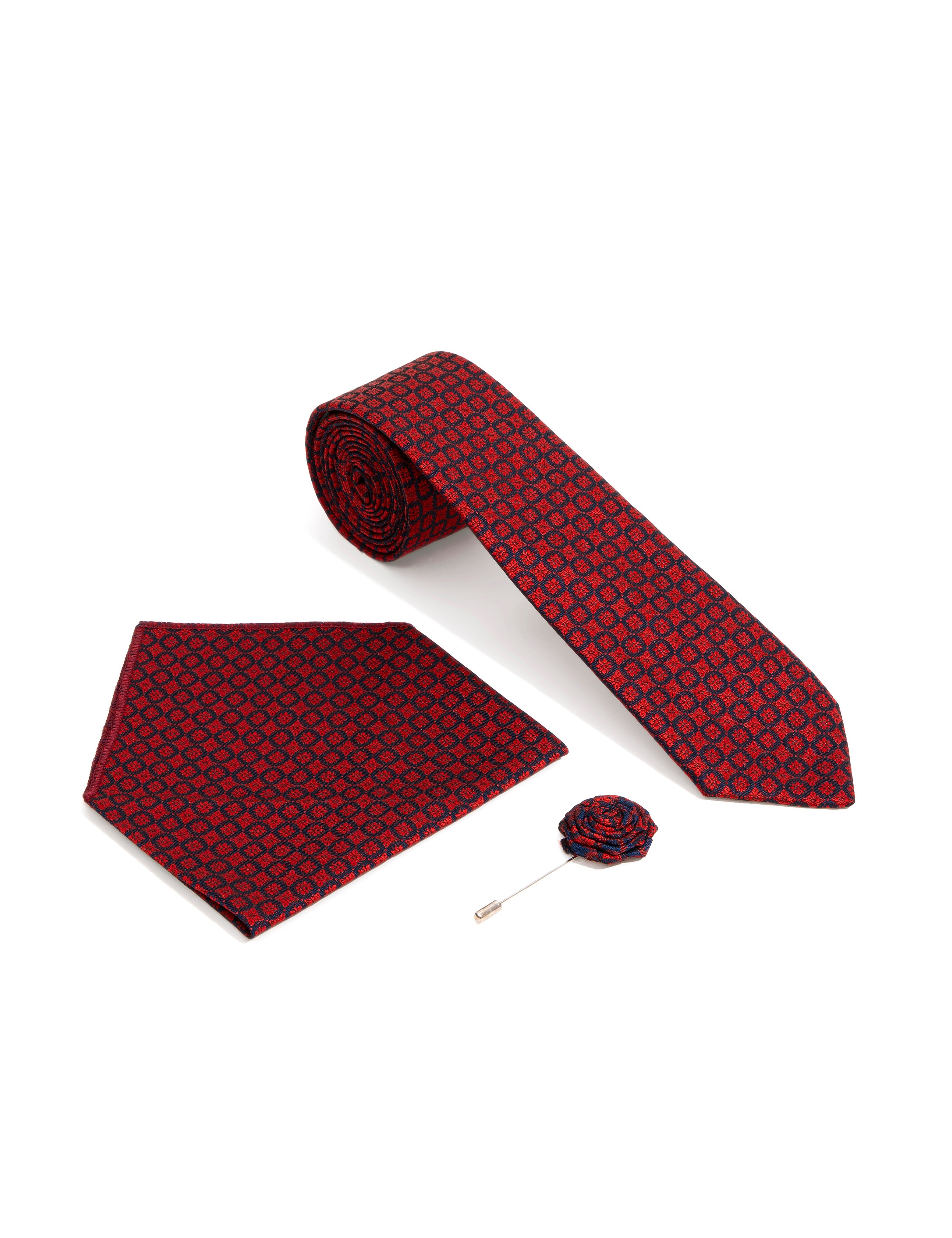 Bordo 3'lü Kravat-Mendil-Kravat İğnesi Set - Image 1