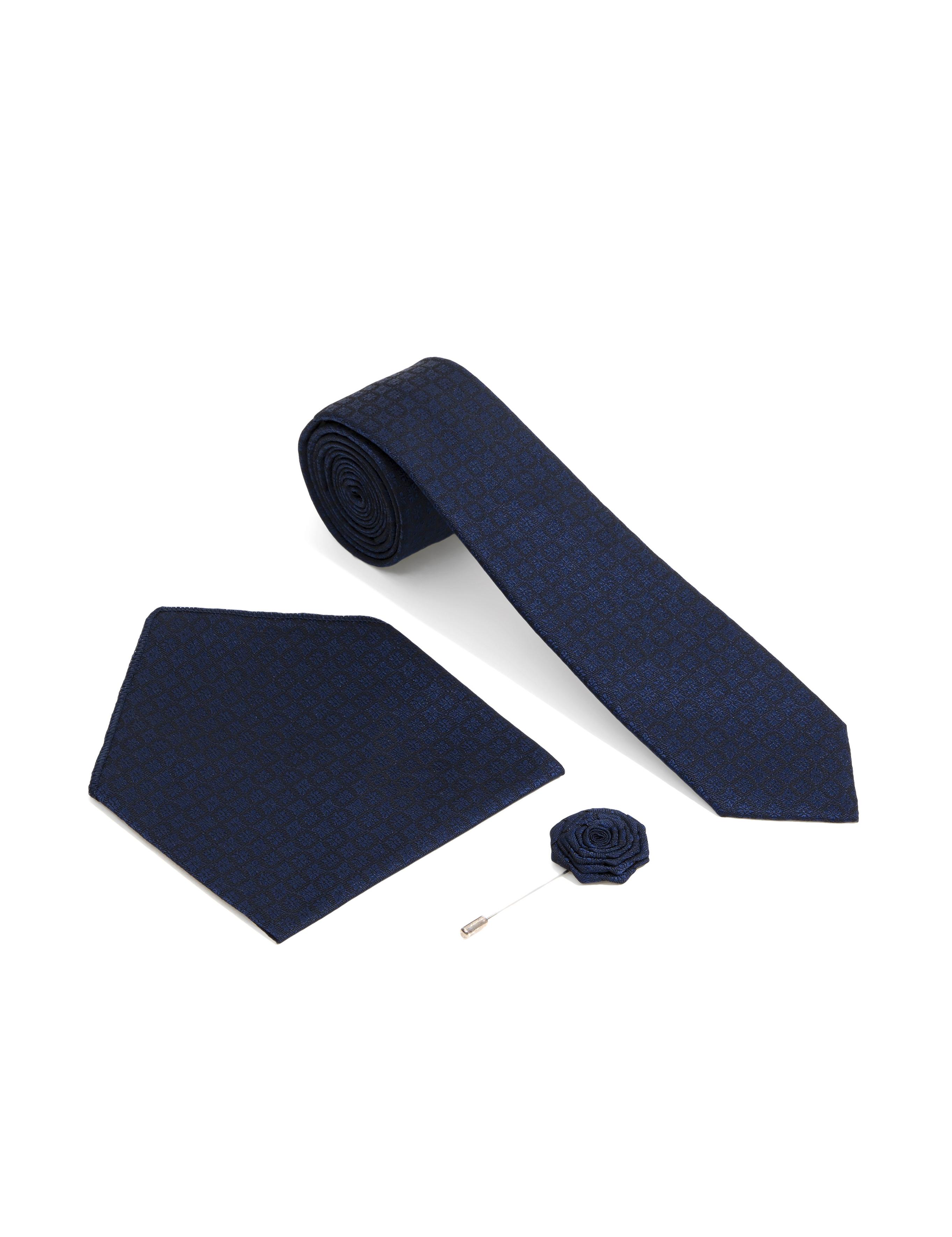 Lacivert 3'lü Kravat-Mendil-Kravat İğnesi Set