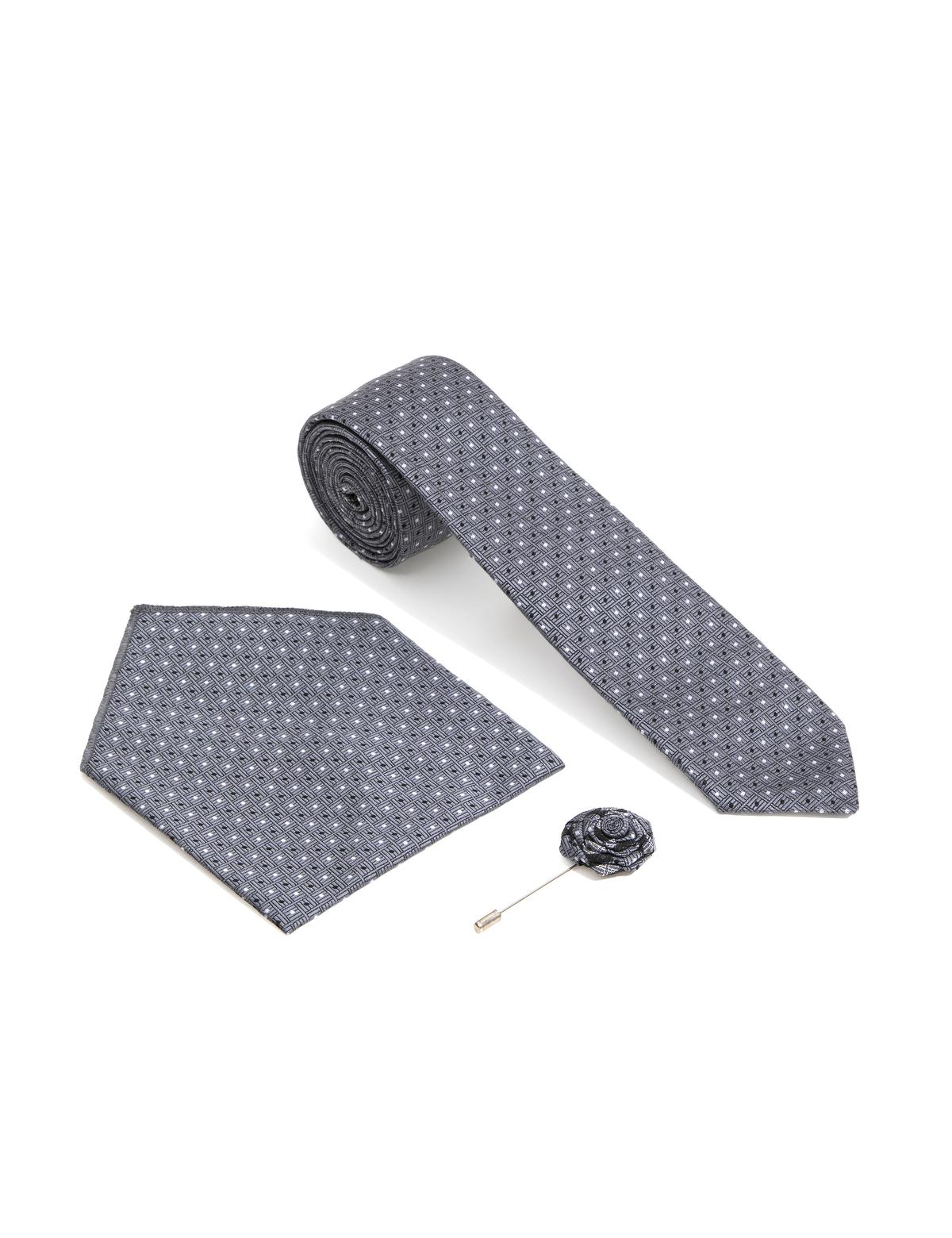 Siyah 3'lü Kravat-Mendil-Kravat İğnesi Set