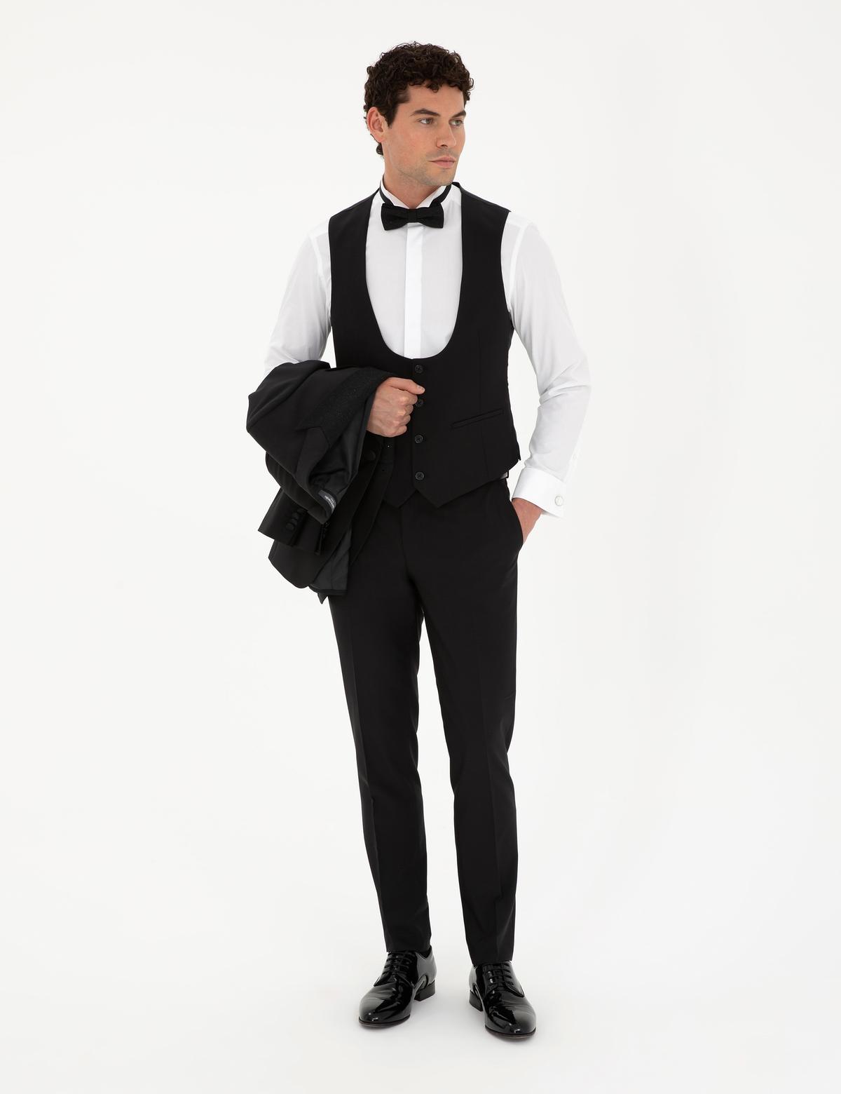 Siyah Ex. Slim Fit Yelekli Smokin - 50297413014