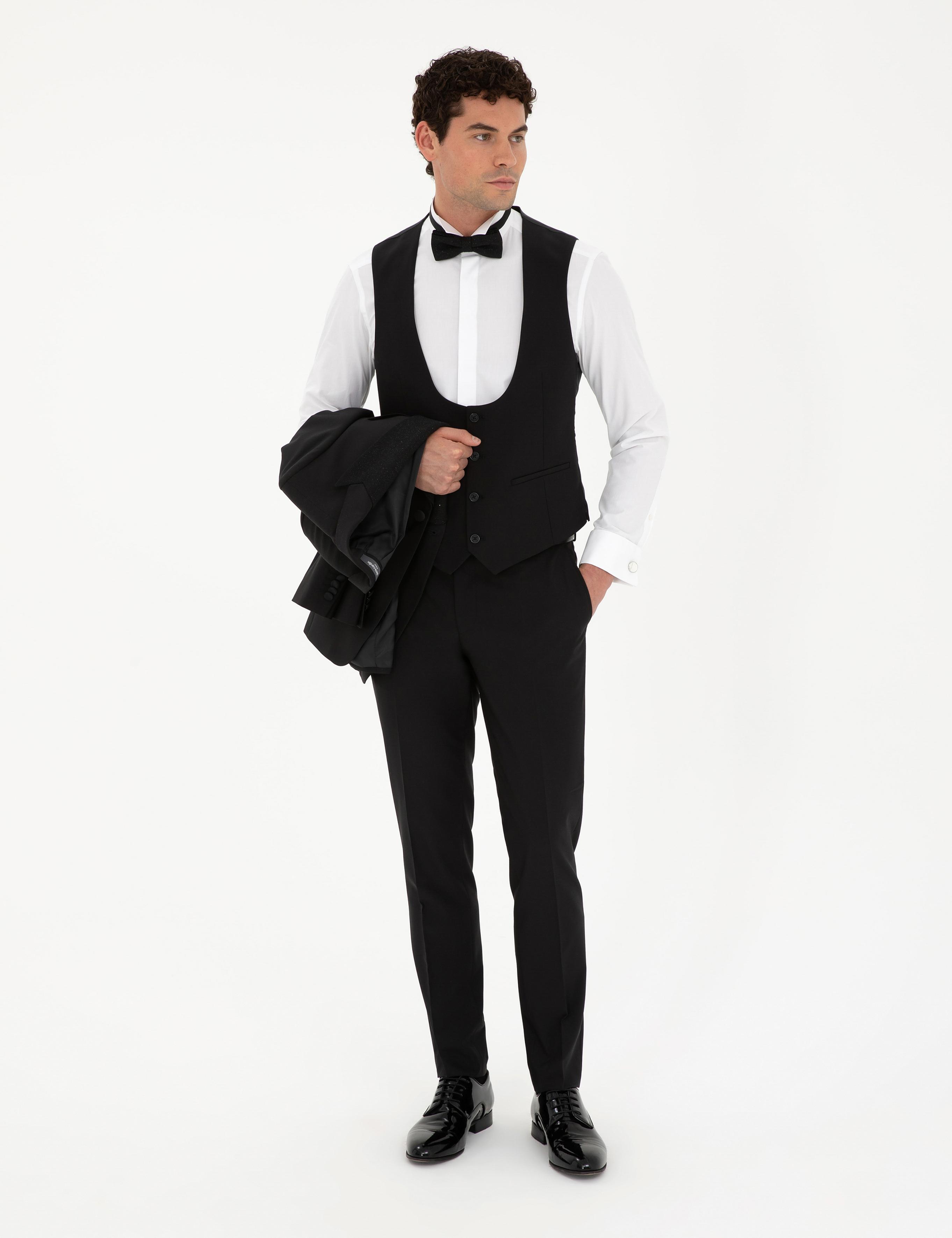 Siyah Ex. Slim Fit Yelekli Smokin