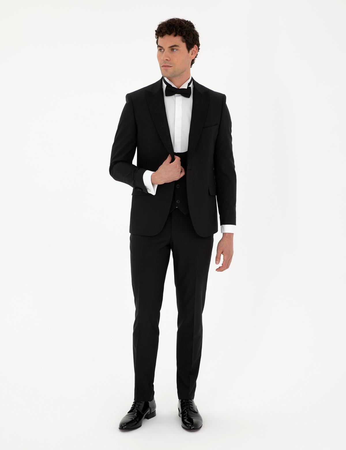 Siyah Ex. Slim Fit Yelekli Smokin - 50297413014