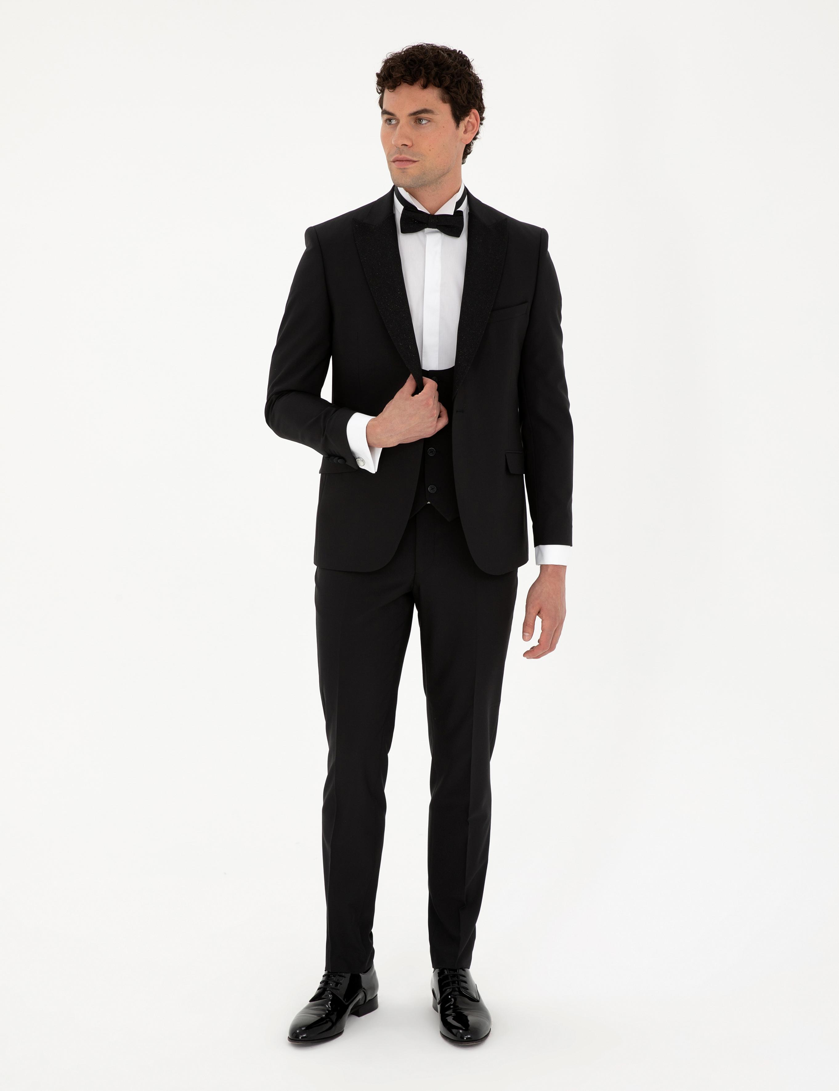 Siyah Ex. Slim Fit Yelekli Smokin