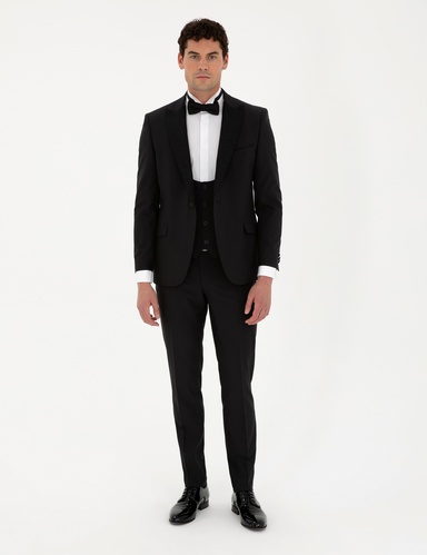 Siyah Ex. Slim Fit Yelekli Smokin