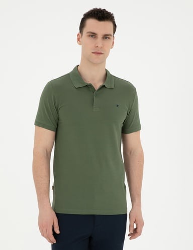 Haki Slim Fit %100 Pamuk Düğmeli Polo Yaka Basic Tişört