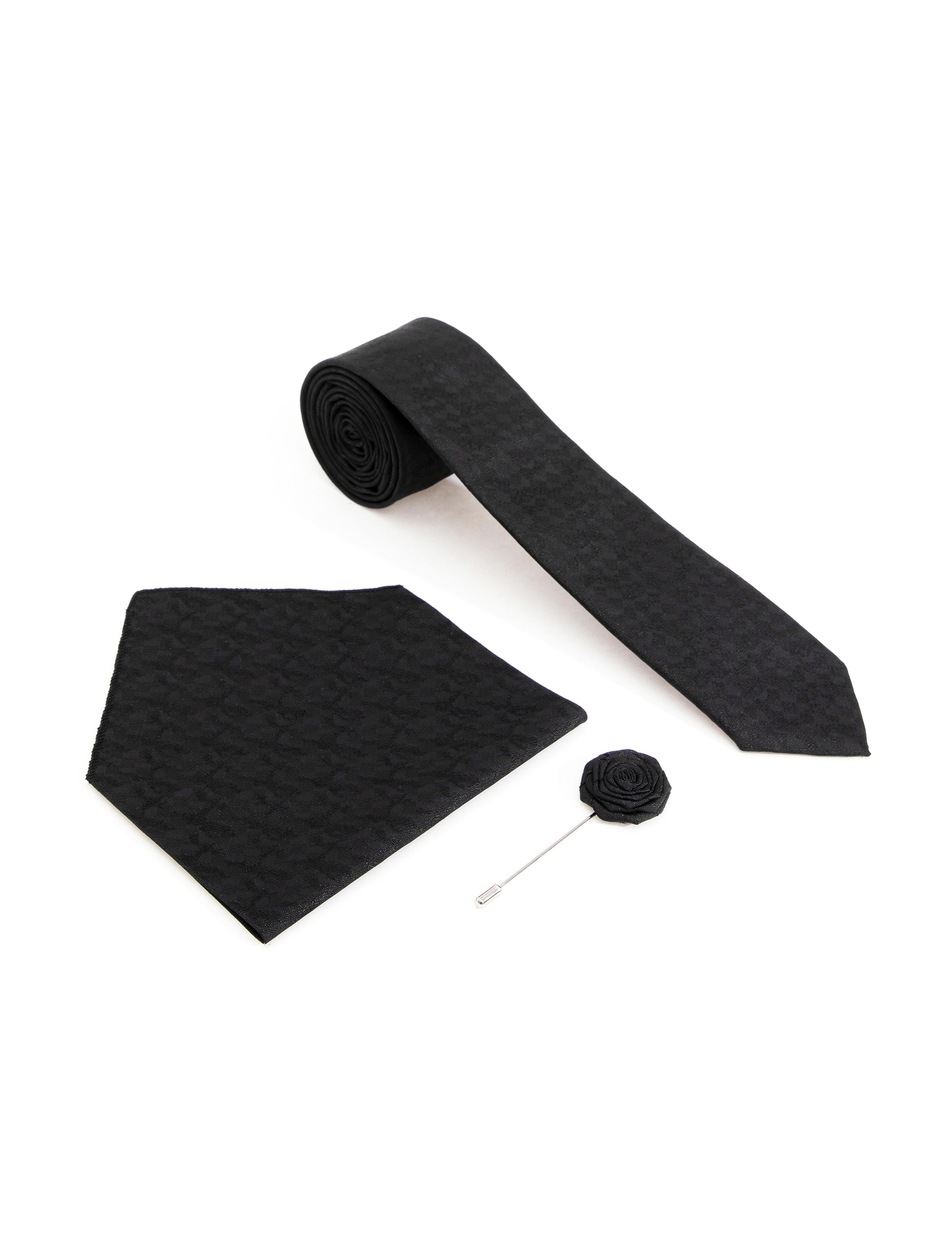 Siyah 3'lü Kravat-Mendil-Kravat İğnesi Set