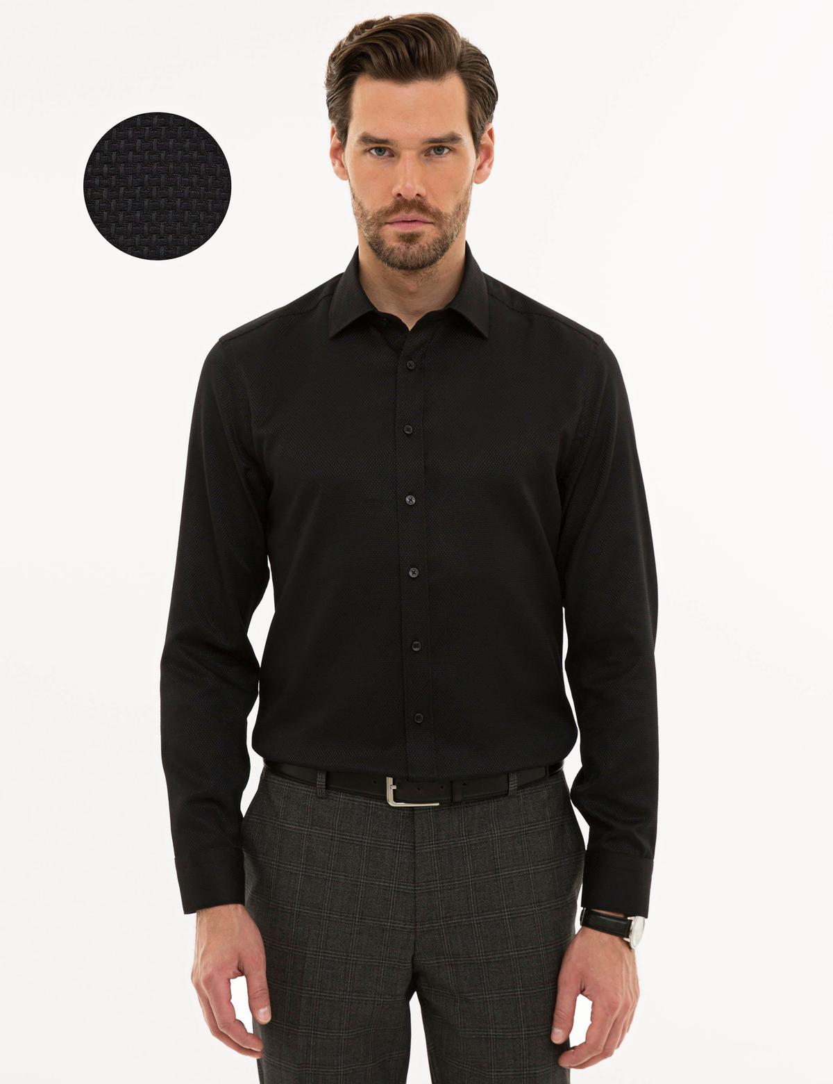 Siyah Slim Fit Armürlü Gömlek