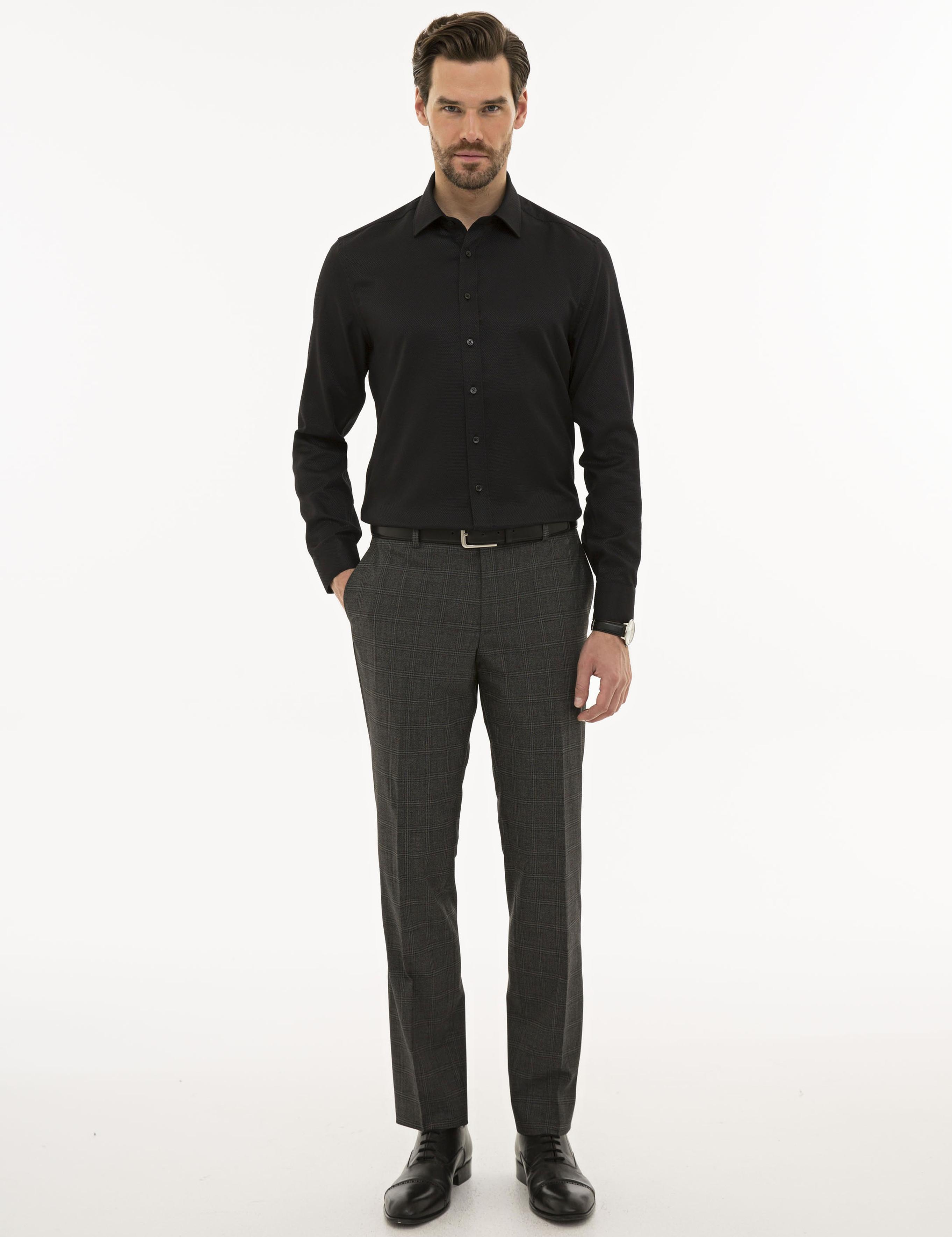 Siyah Slim Fit Armürlü Gömlek