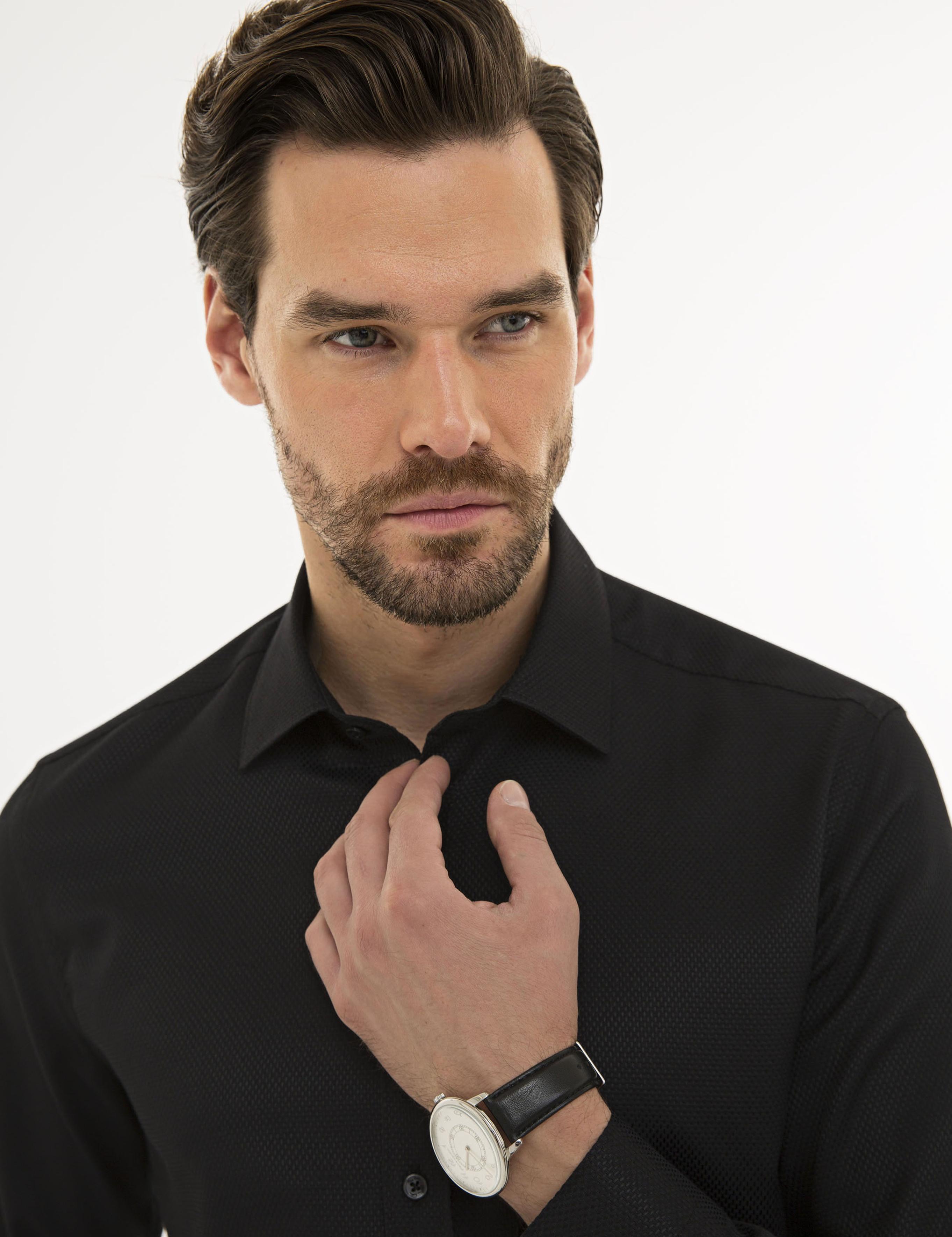 Siyah Slim Fit Armürlü Gömlek