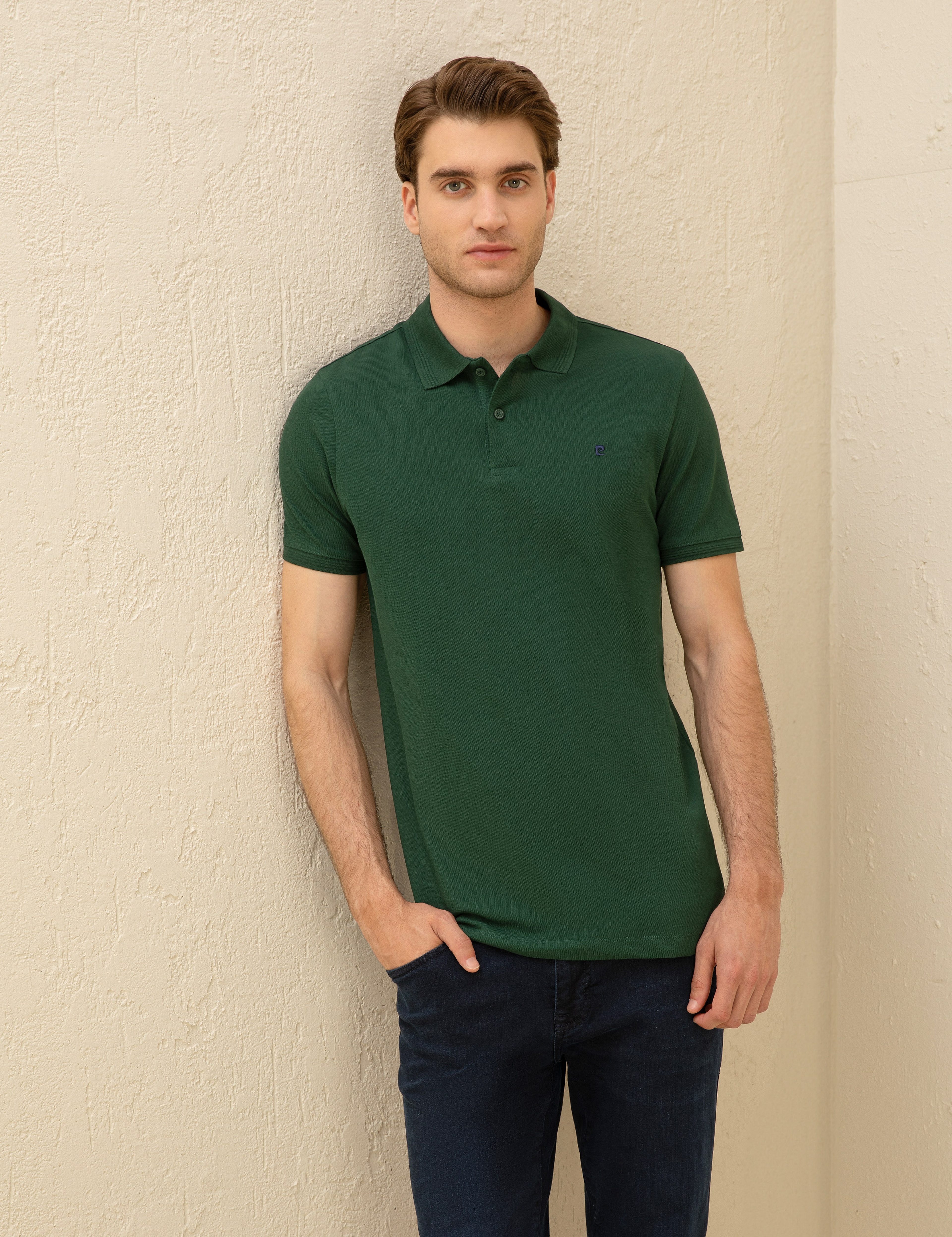 Koyu Yeşil Slim Fit %100 Pamuk Düğmeli Polo Yaka Basic Tişört - Image 1