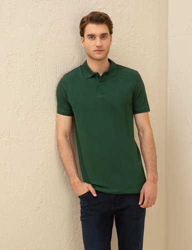 Koyu Yeşil Slim Fit %100 Pamuk Düğmeli Polo Yaka Basic Tişört