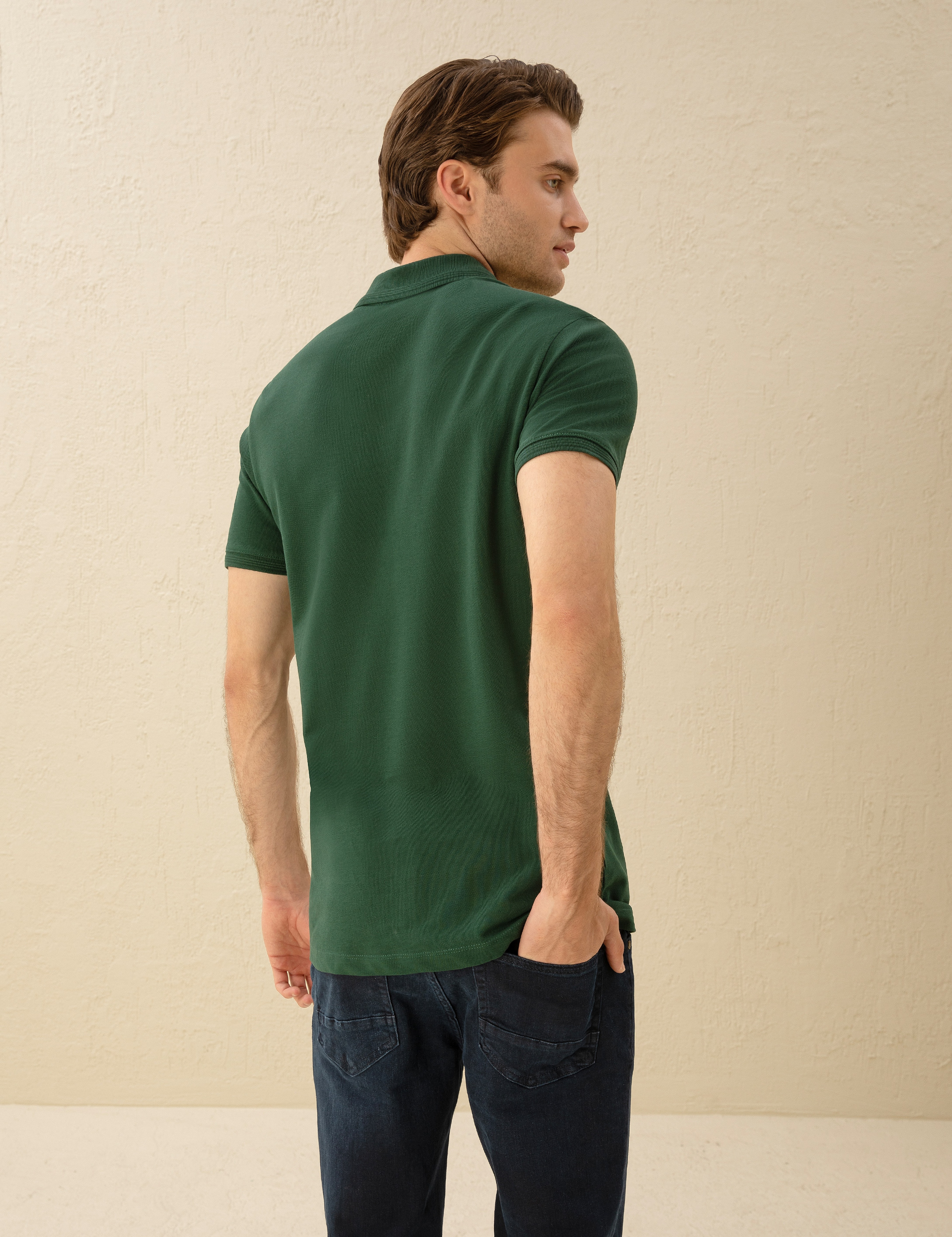 Koyu Yeşil Slim Fit %100 Pamuk Düğmeli Polo Yaka Basic Tişört - Image 5