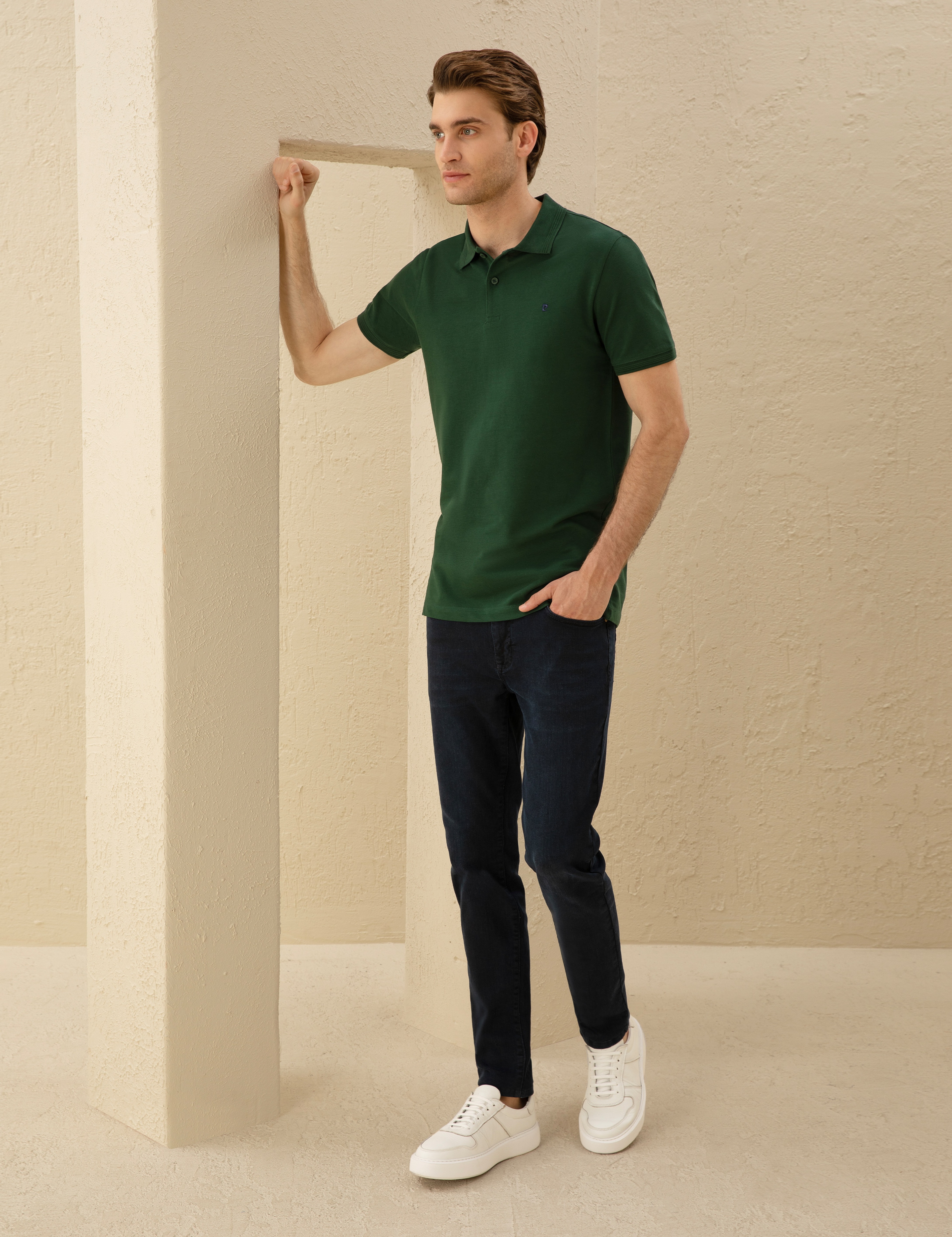 Koyu Yeşil Slim Fit %100 Pamuk Düğmeli Polo Yaka Basic Tişört - Image 4