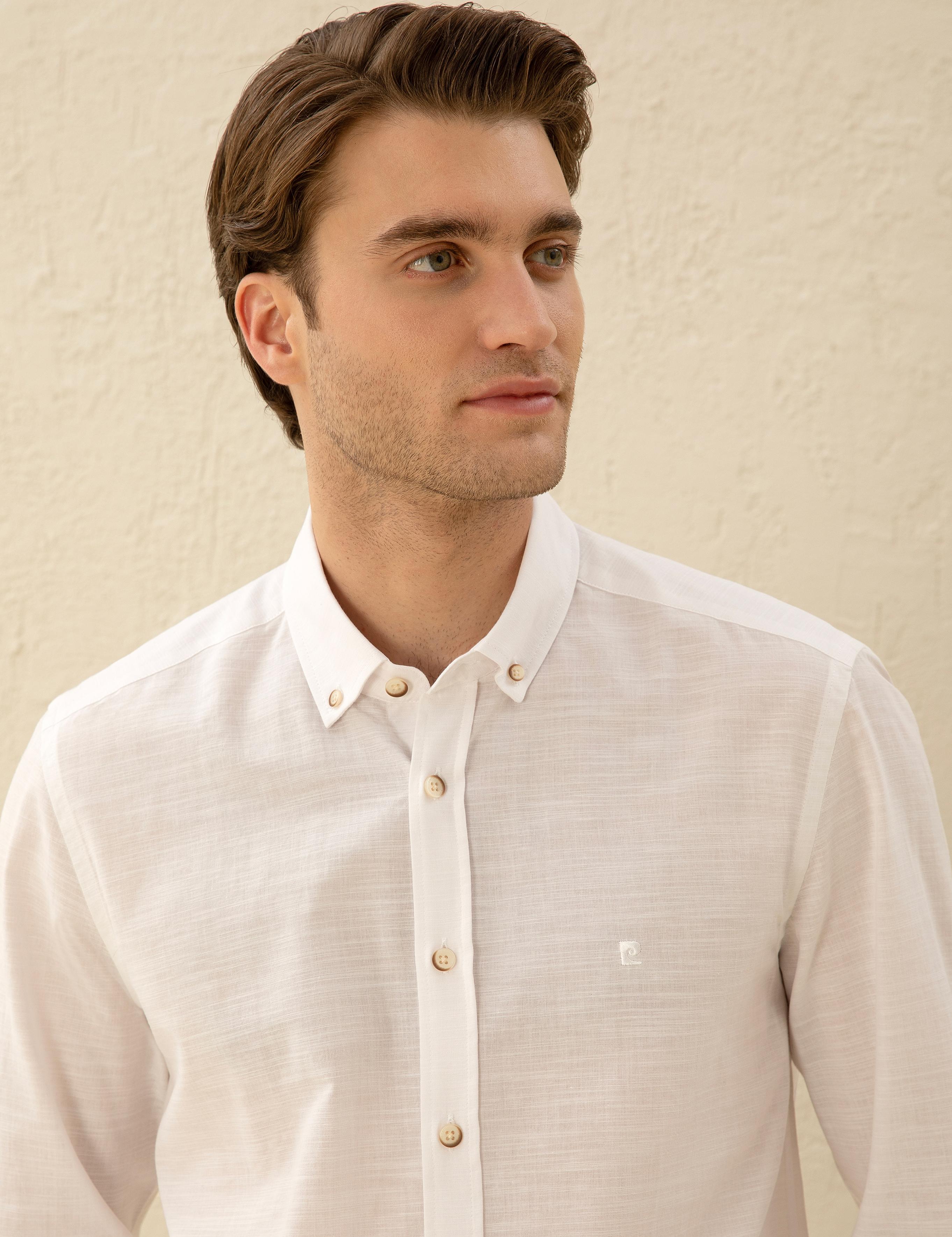 Beyaz Slim Fit Keten Görünümlü Gömlek