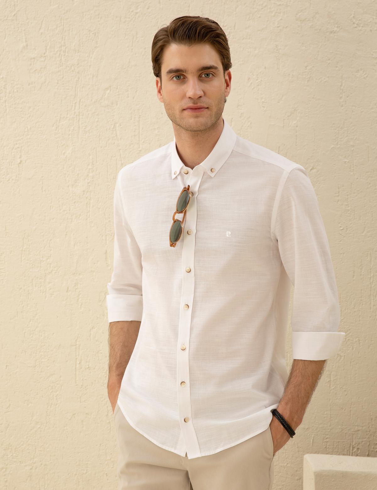 Beyaz Slim Fit Keten Görünümlü Gömlek - 50252491056