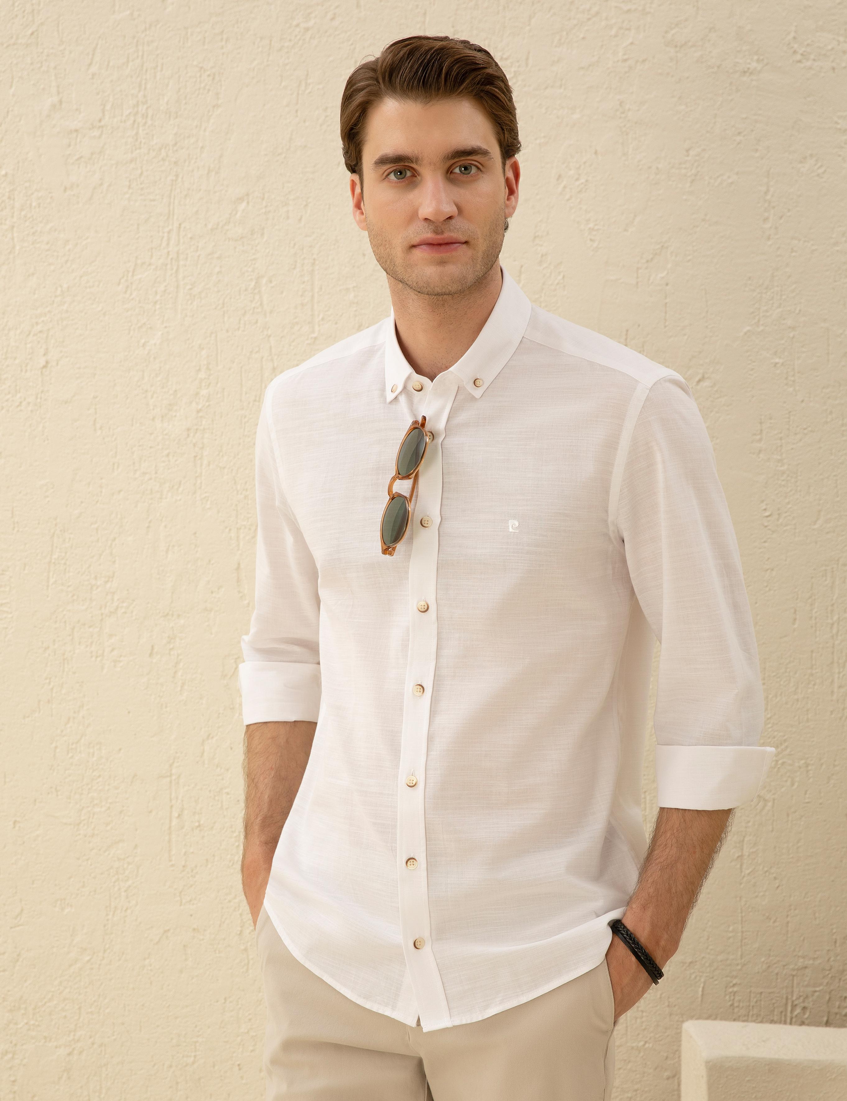 Beyaz Slim Fit Keten Görünümlü Gömlek