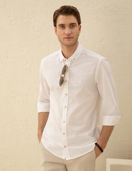 Beyaz Slim Fit Keten Görünümlü Gömlek - 50252491056