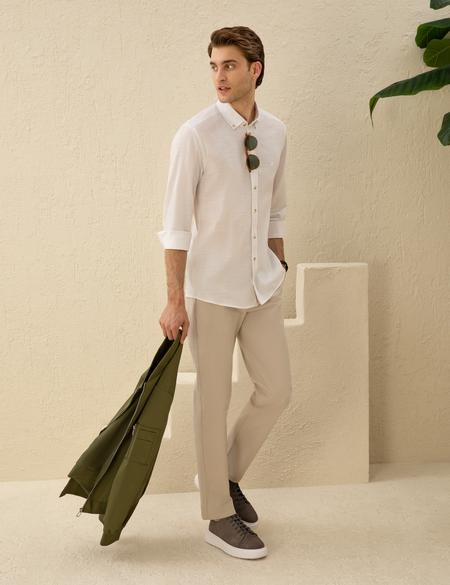 Beyaz Slim Fit Keten Görünümlü Gömlek - 50252491056