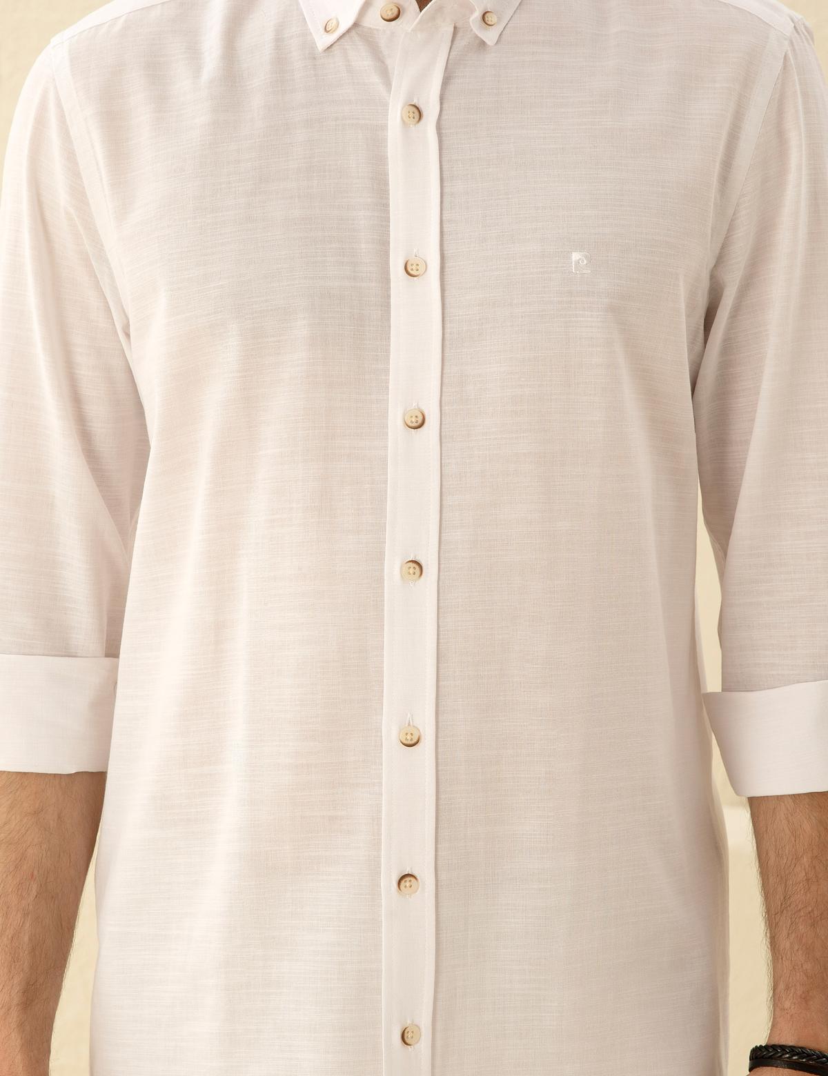 Beyaz Slim Fit Keten Görünümlü Gömlek - 50252491056