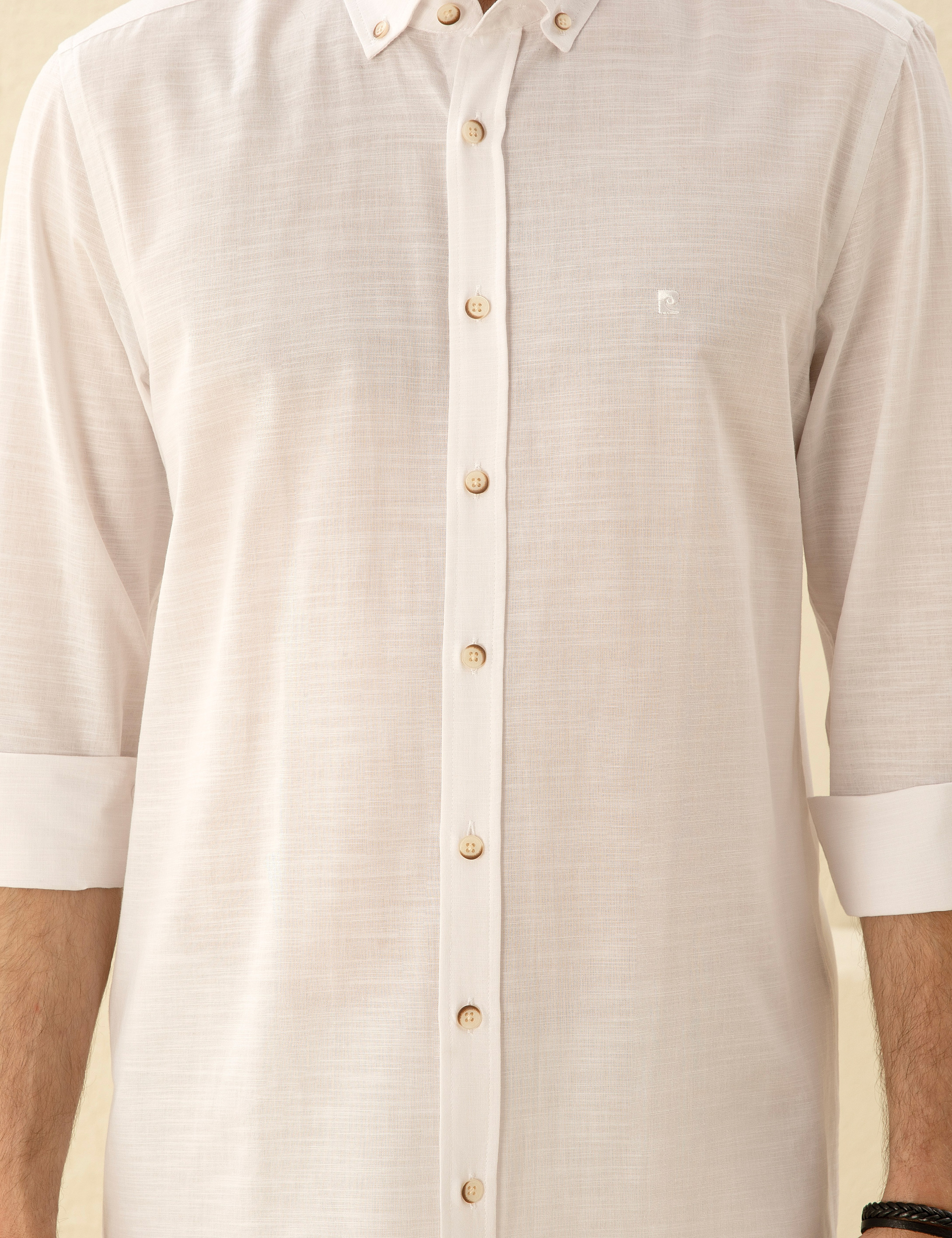 Beyaz Slim Fit Keten Görünümlü Gömlek