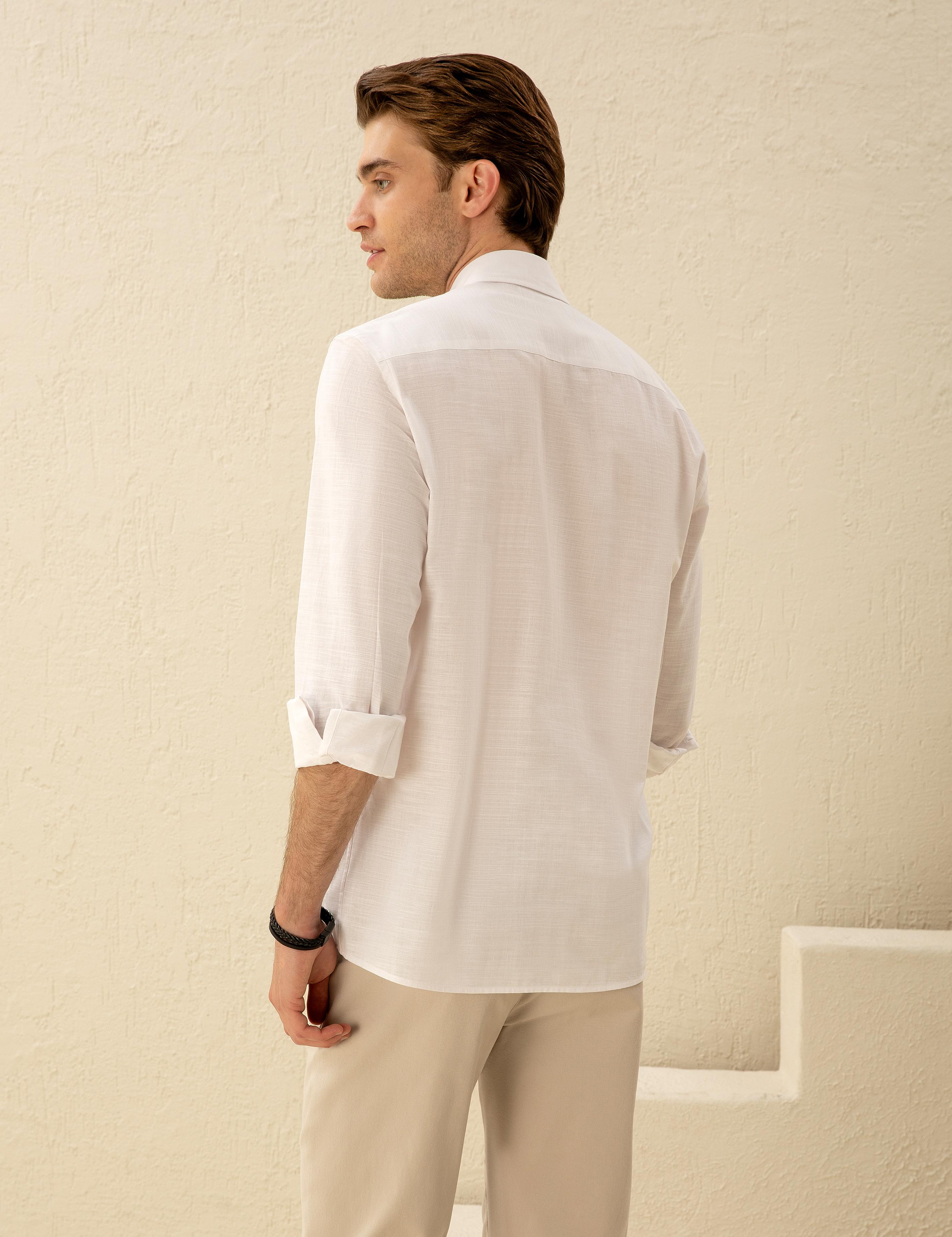 Beyaz Slim Fit Keten Görünümlü Gömlek