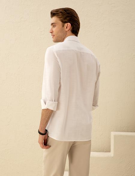 Beyaz Slim Fit Keten Görünümlü Gömlek - 50252491056
