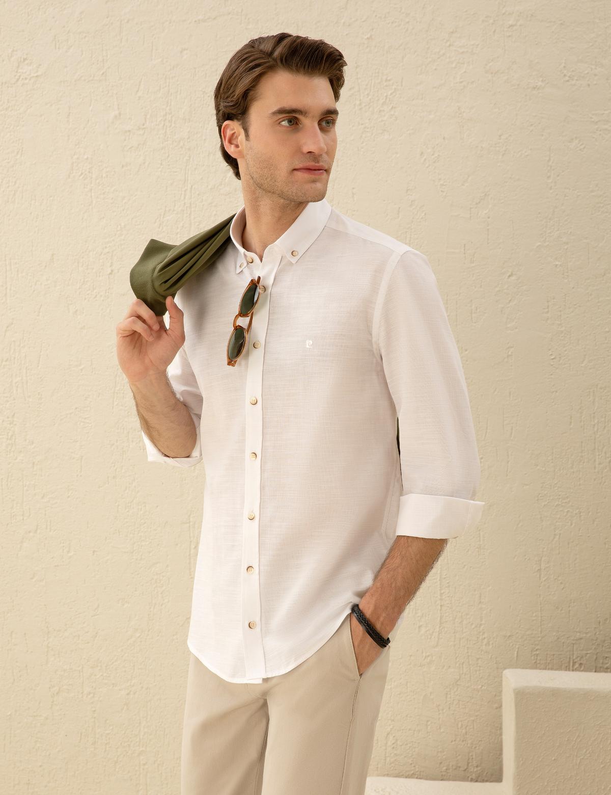 Beyaz Slim Fit Keten Görünümlü Gömlek