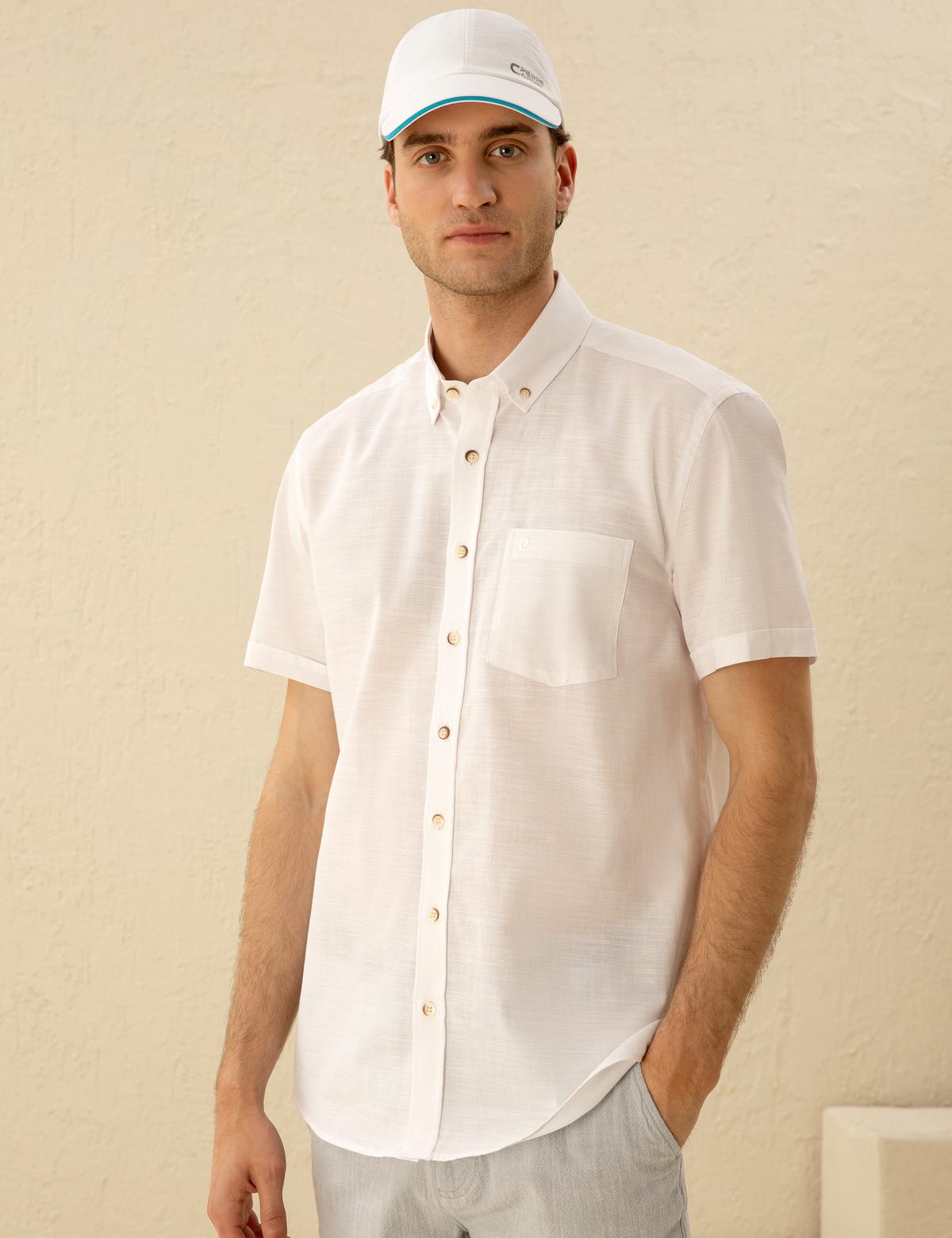 Beyaz Keten Görünümlü Regular Fit Kısa Kollu Gömlek - 50255247021