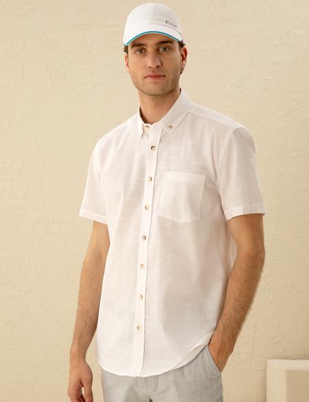 Beyaz Keten Görünümlü Regular Fit Kısa Kollu Gömlek - 50255247021