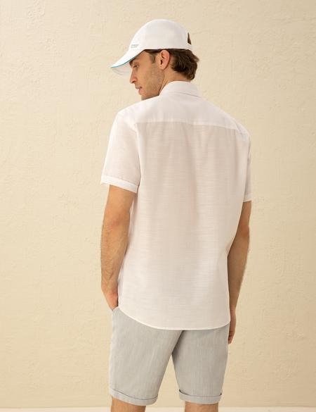 Beyaz Keten Görünümlü Regular Fit Kısa Kollu Gömlek - 50255247021